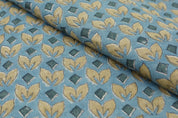 Block Printed Yellow and Bluish Throw Floral leaves Thick Linen Pure Cushion Fabric - TITLEE
