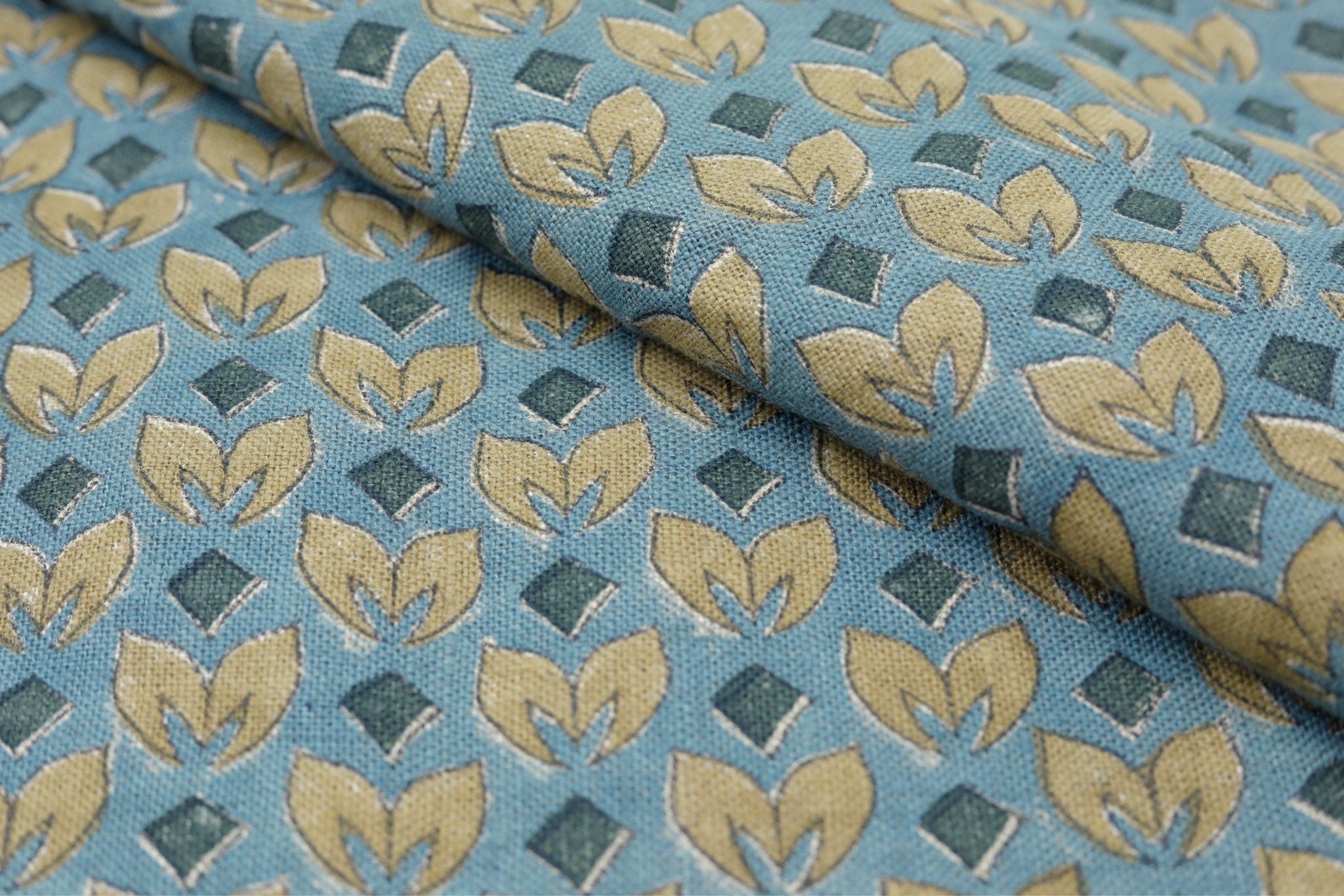 Block Printed Yellow and Bluish Throw Floral leaves Thick Linen Pure Cushion Fabric - TITLEE