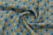 Block Printed Yellow and Bluish Throw Floral leaves Thick Linen Pure Cushion Fabric - TITLEE