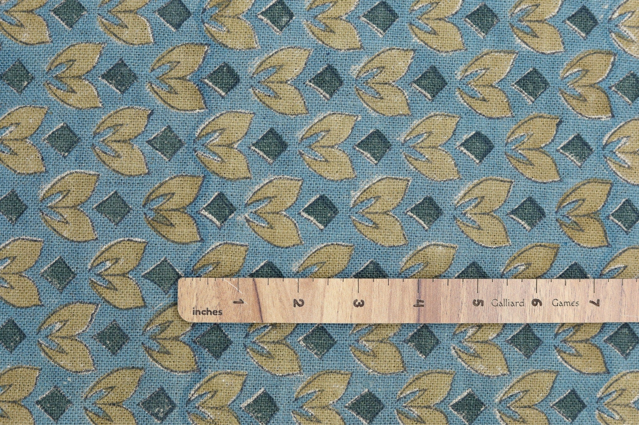 Block Printed Yellow and Bluish Throw Floral leaves Thick Linen Pure Cushion Fabric - TITLEE