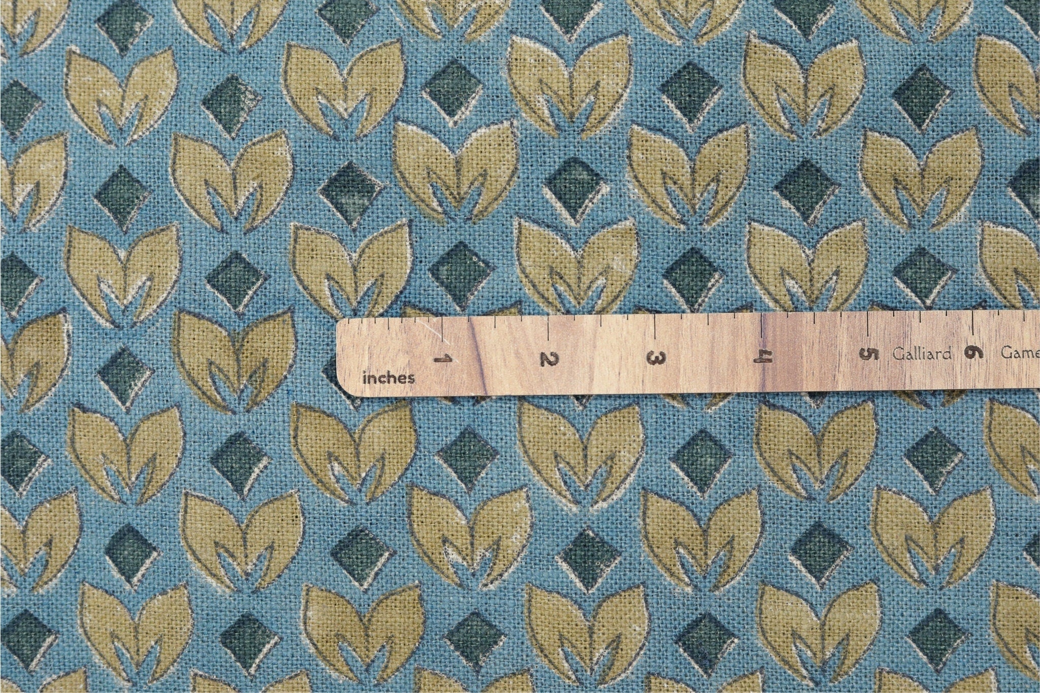 Block Printed Yellow and Bluish Throw Floral leaves Thick Linen Pure Cushion Fabric - TITLEE