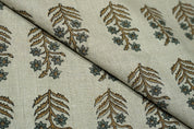 Handmade Throw Leaves Ash Gray and Silver Pure Linen Boho Block Printed Curtains Fabric - INDERDHANUSH