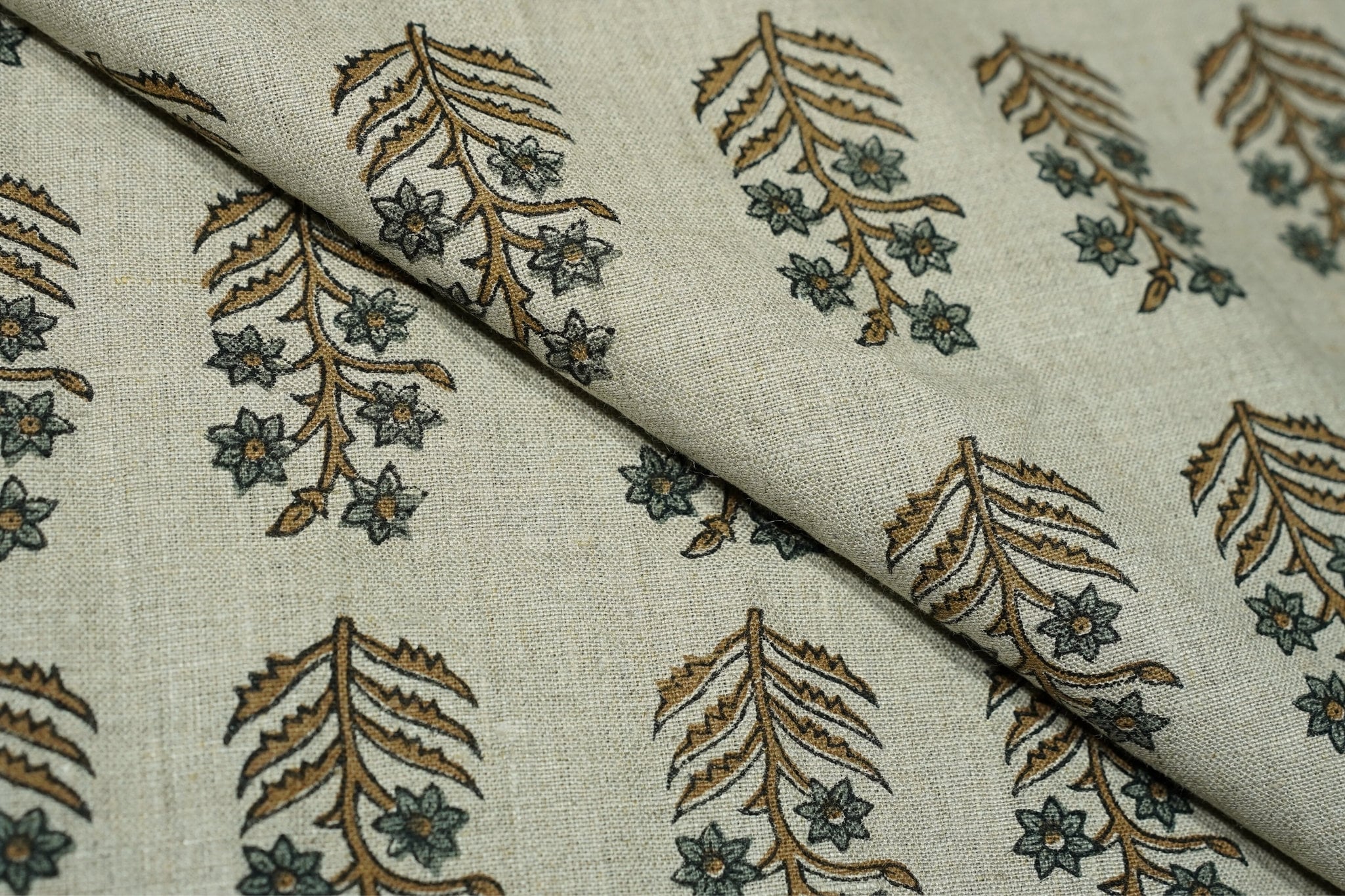 Handmade Throw Leaves Ash Gray and Silver Pure Linen Boho Block Printed Curtains Fabric - INDERDHANUSH