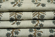 Handmade Throw Leaves Ash Gray and Silver Pure Linen Boho Block Printed Curtains Fabric - INDERDHANUSH