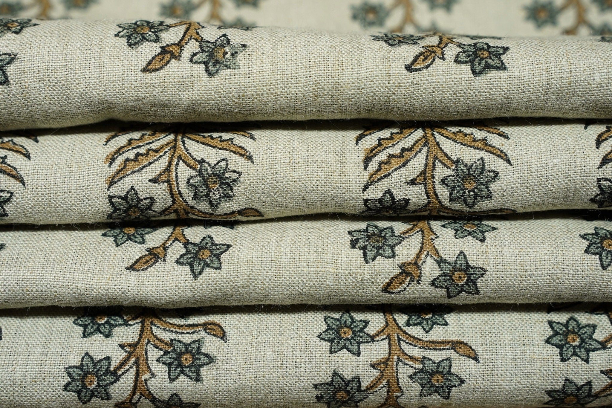 Handmade Throw Leaves Ash Gray and Silver Pure Linen Boho Block Printed Curtains Fabric - INDERDHANUSH