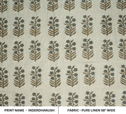 Handmade Throw Leaves Ash Gray and Silver Pure Linen Boho Block Printed Curtains Fabric - INDERDHANUSH