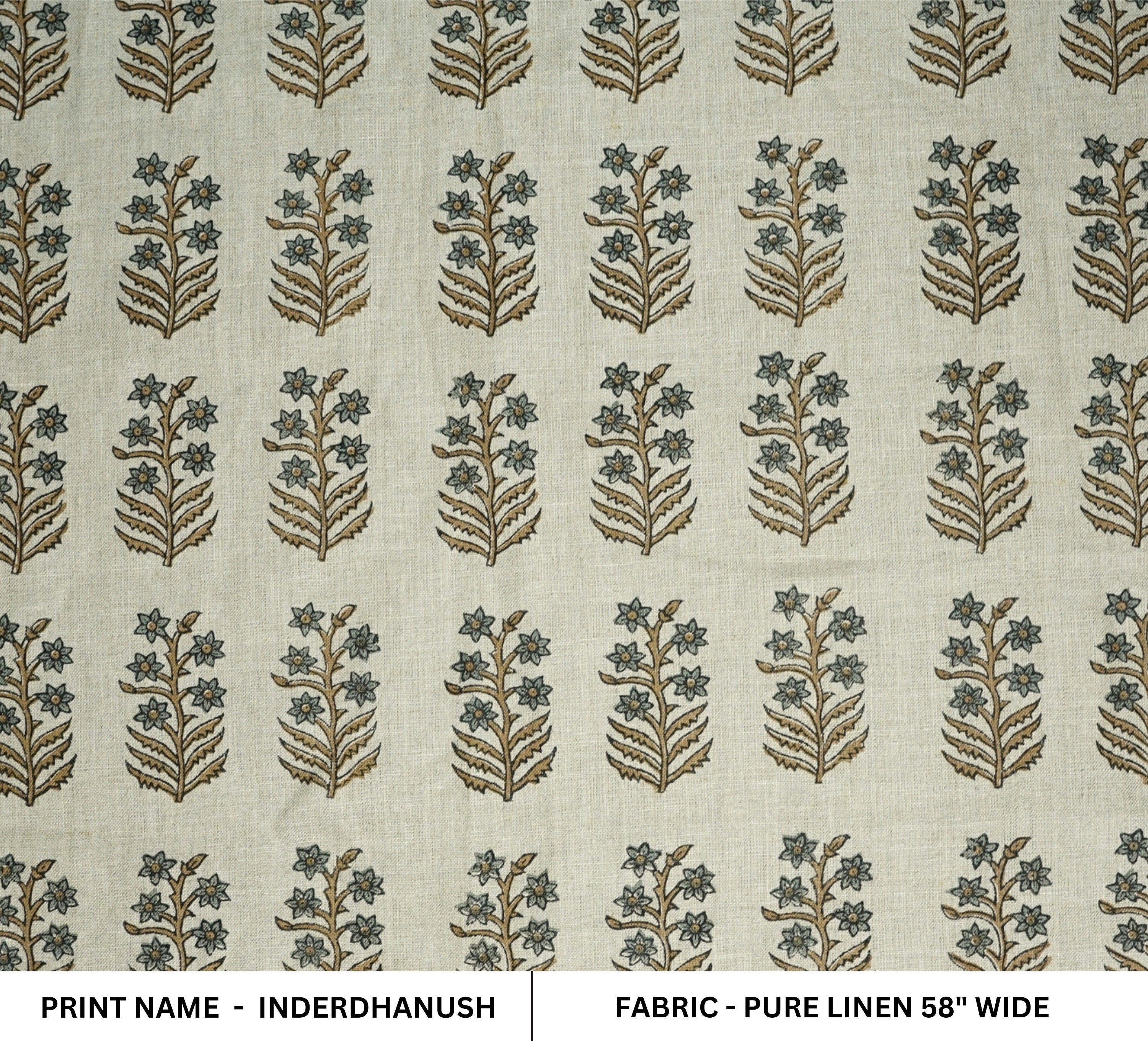 Handmade Throw Leaves Ash Gray and Silver Pure Linen Boho Block Printed Curtains Fabric - INDERDHANUSH