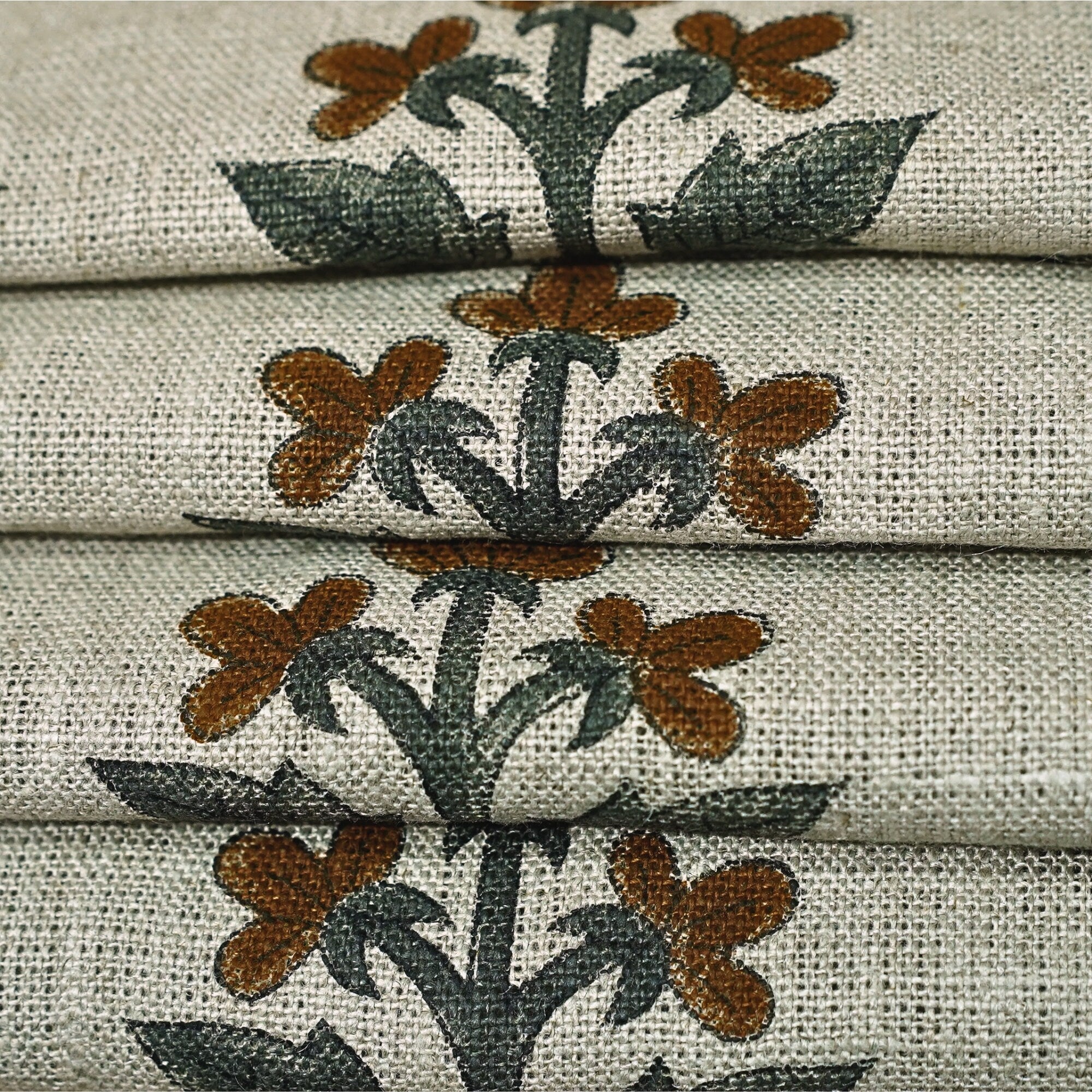 Thick Linen Handblock Printed Gray & Brown Floral Fabric Timeless Charm - Chahat