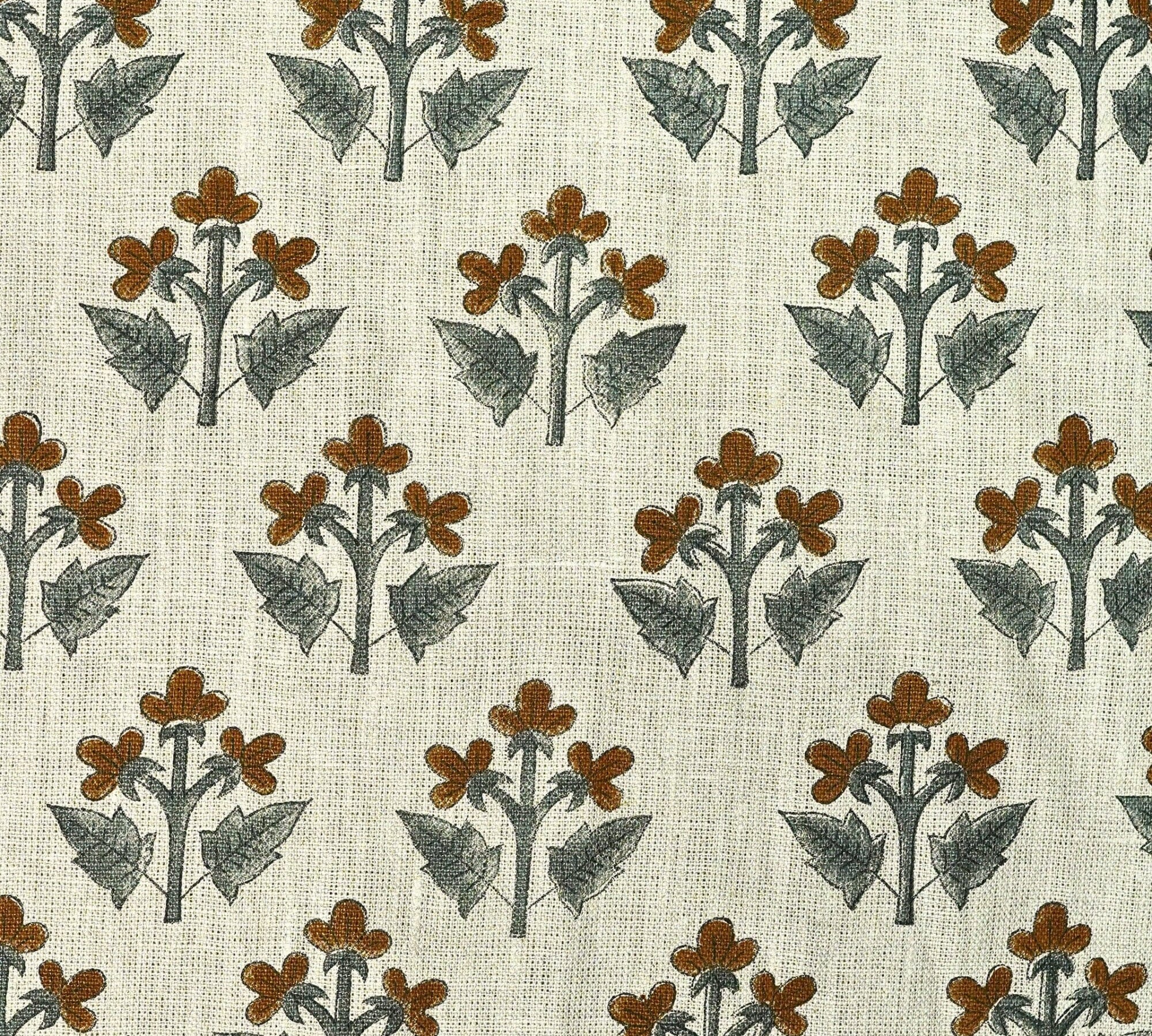 Thick Linen Handblock Printed Gray & Brown Floral Fabric Timeless Charm - Chahat