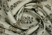 Handmade Throw Leaves Ash Gray and Silver Pure Linen Boho Block Printed Curtains Fabric - INDERDHANUSH