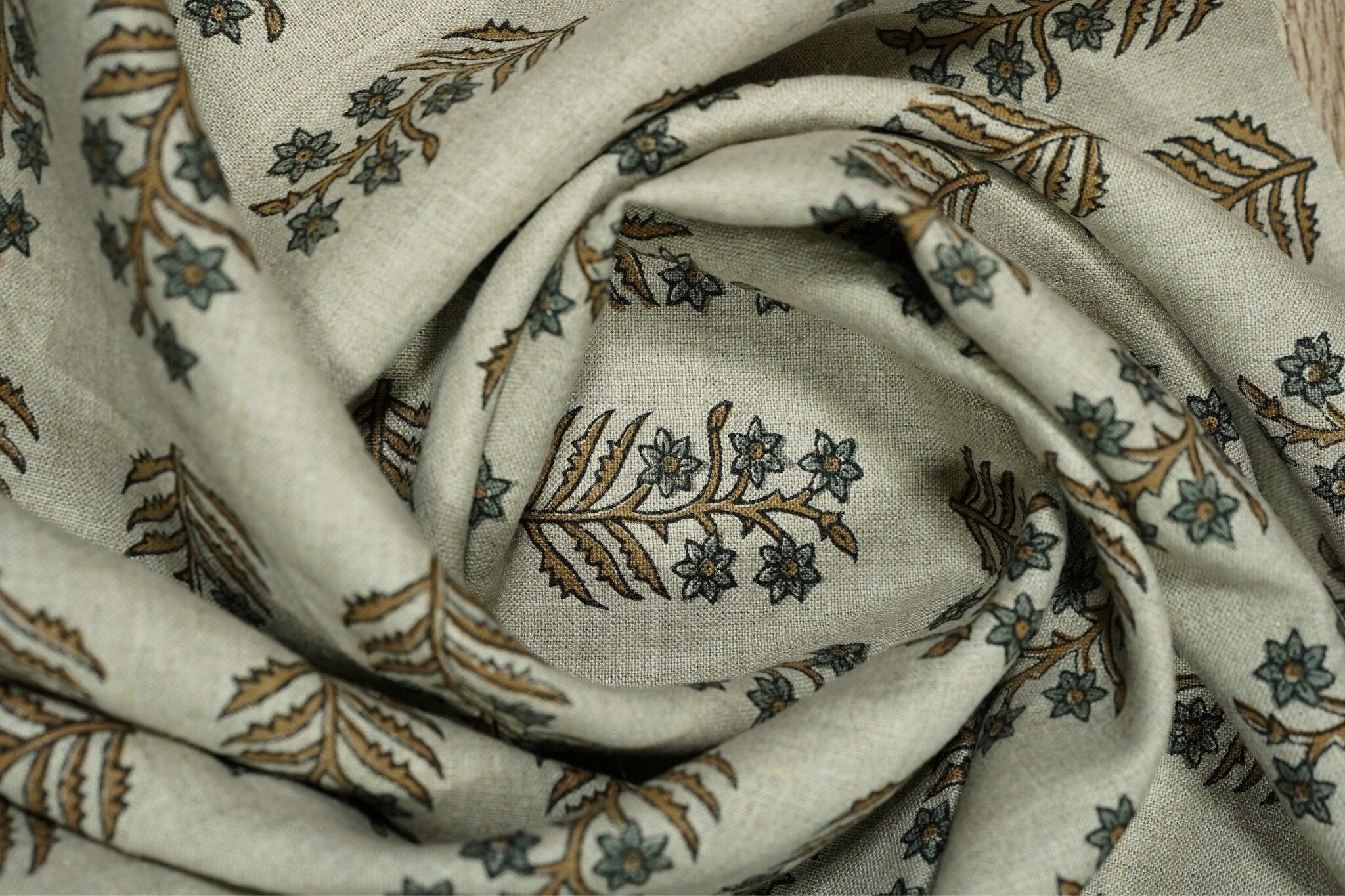 Handmade Throw Leaves Ash Gray and Silver Pure Linen Boho Block Printed Curtains Fabric - INDERDHANUSH