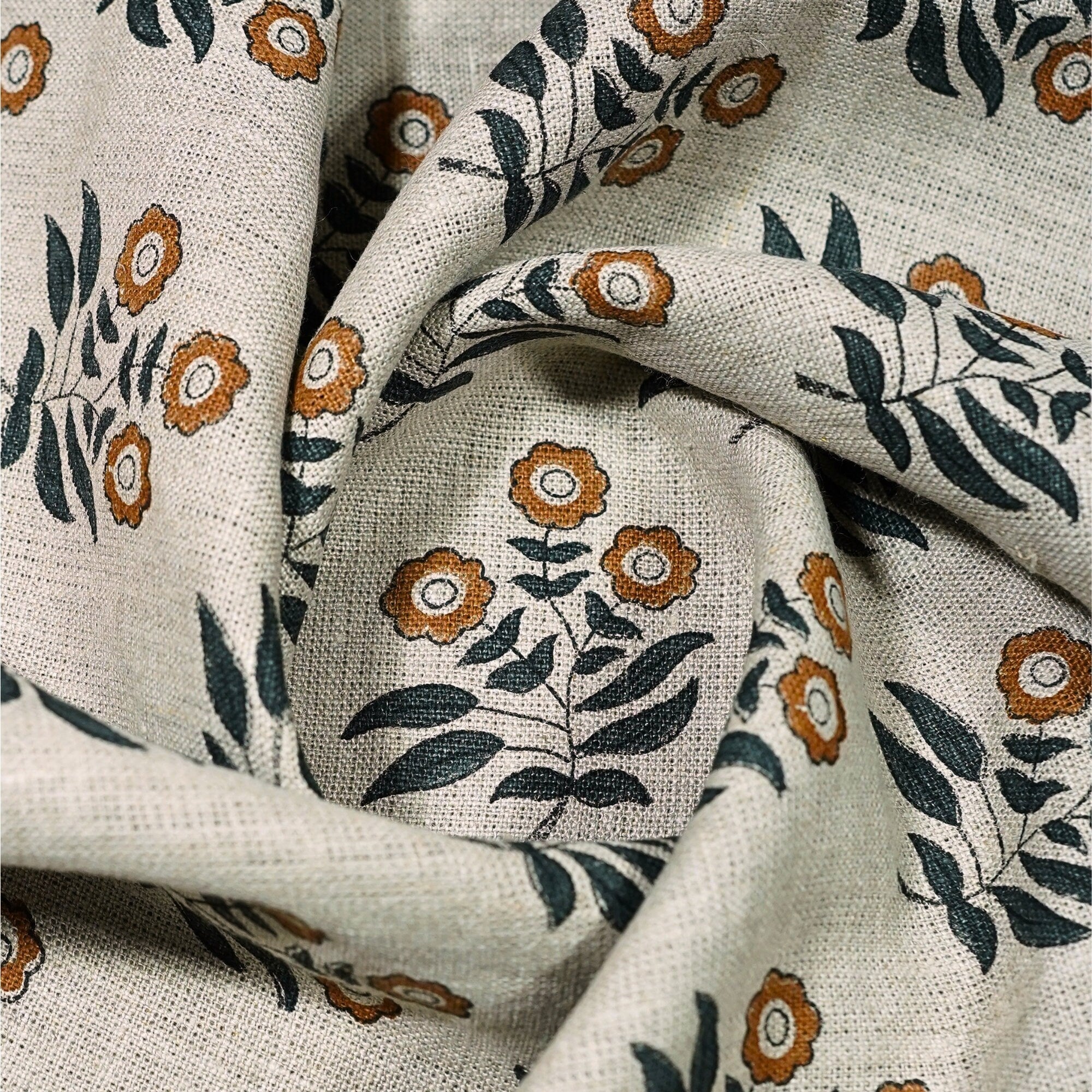 Handcrafted Brown & Black Floral Printed on Thick Linen Fabric - Neha Heritage