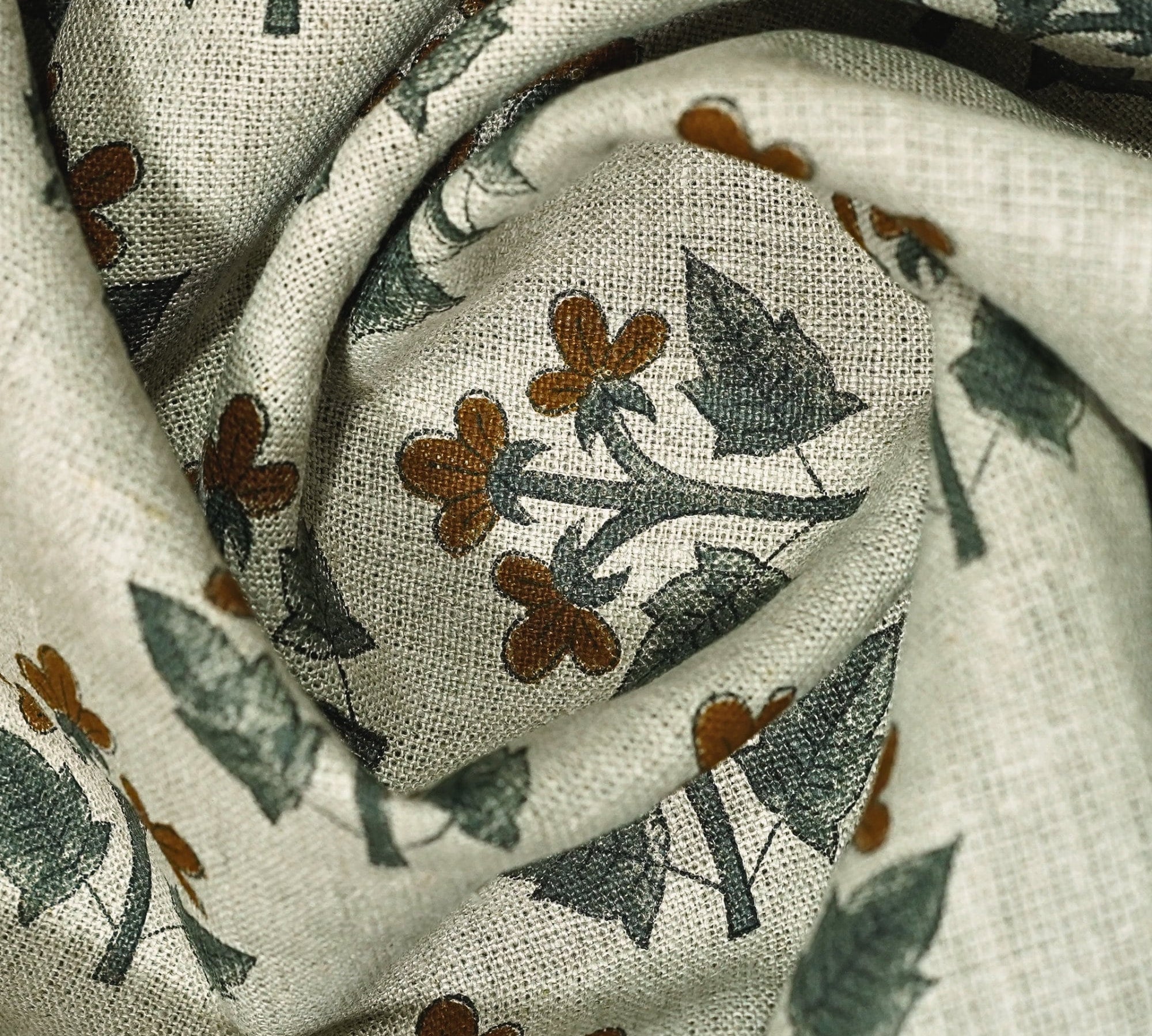Thick Linen Handblock Printed Gray & Brown Floral Fabric Timeless Charm - Chahat
