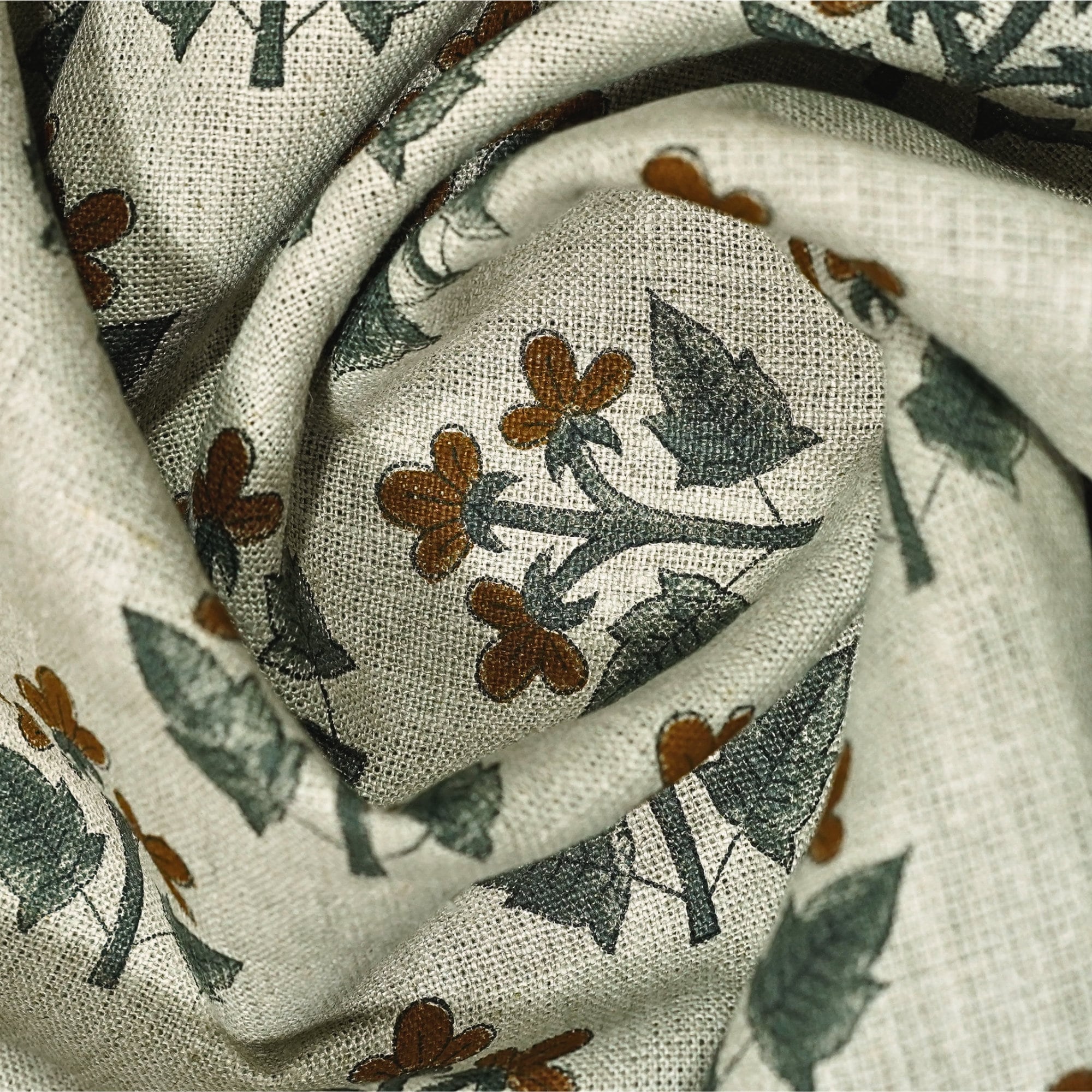 Thick Linen Handblock Printed Gray & Brown Floral Fabric Timeless Charm - Chahat