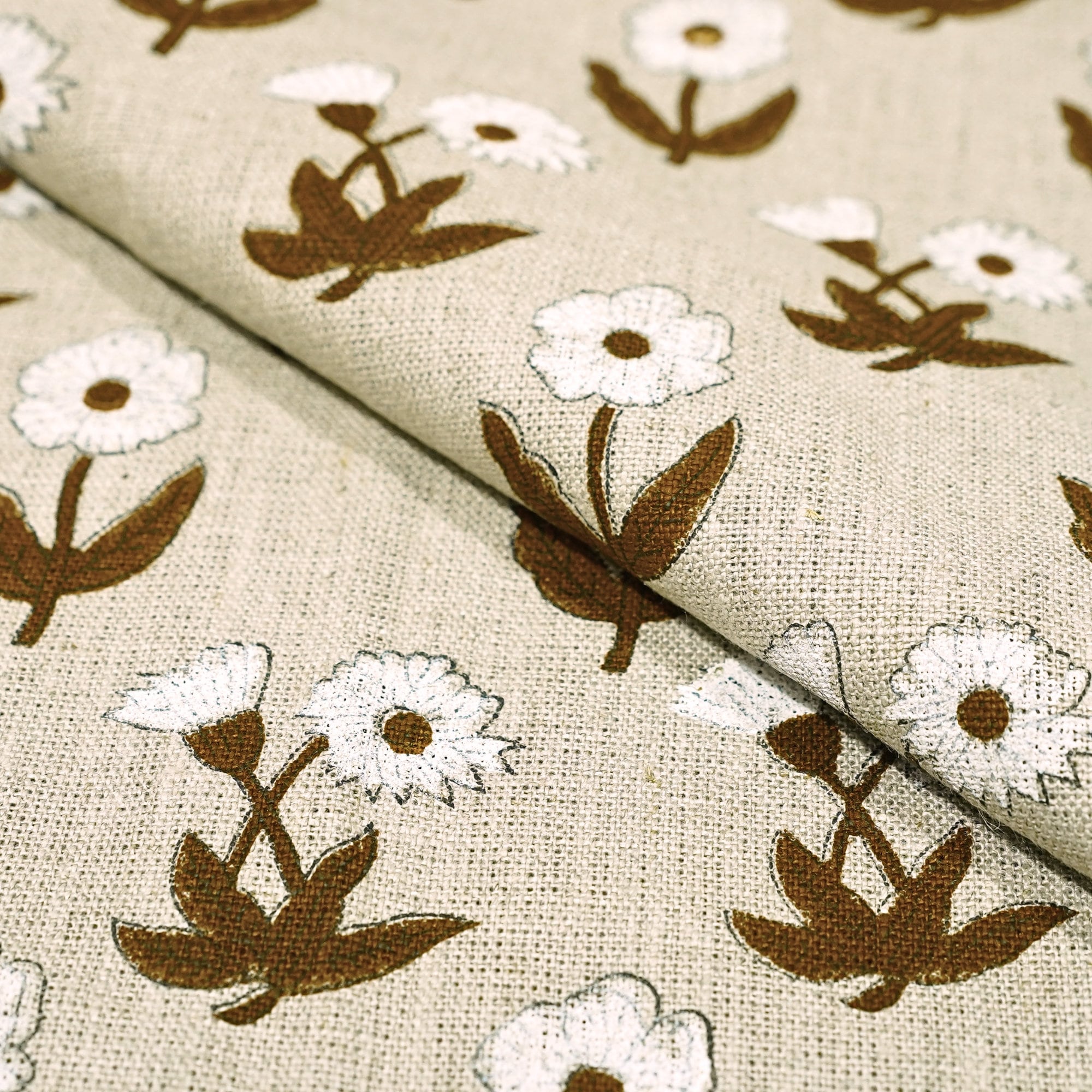 Handblock Printed Brown Floral Kriti Print Thick Linen Fabric