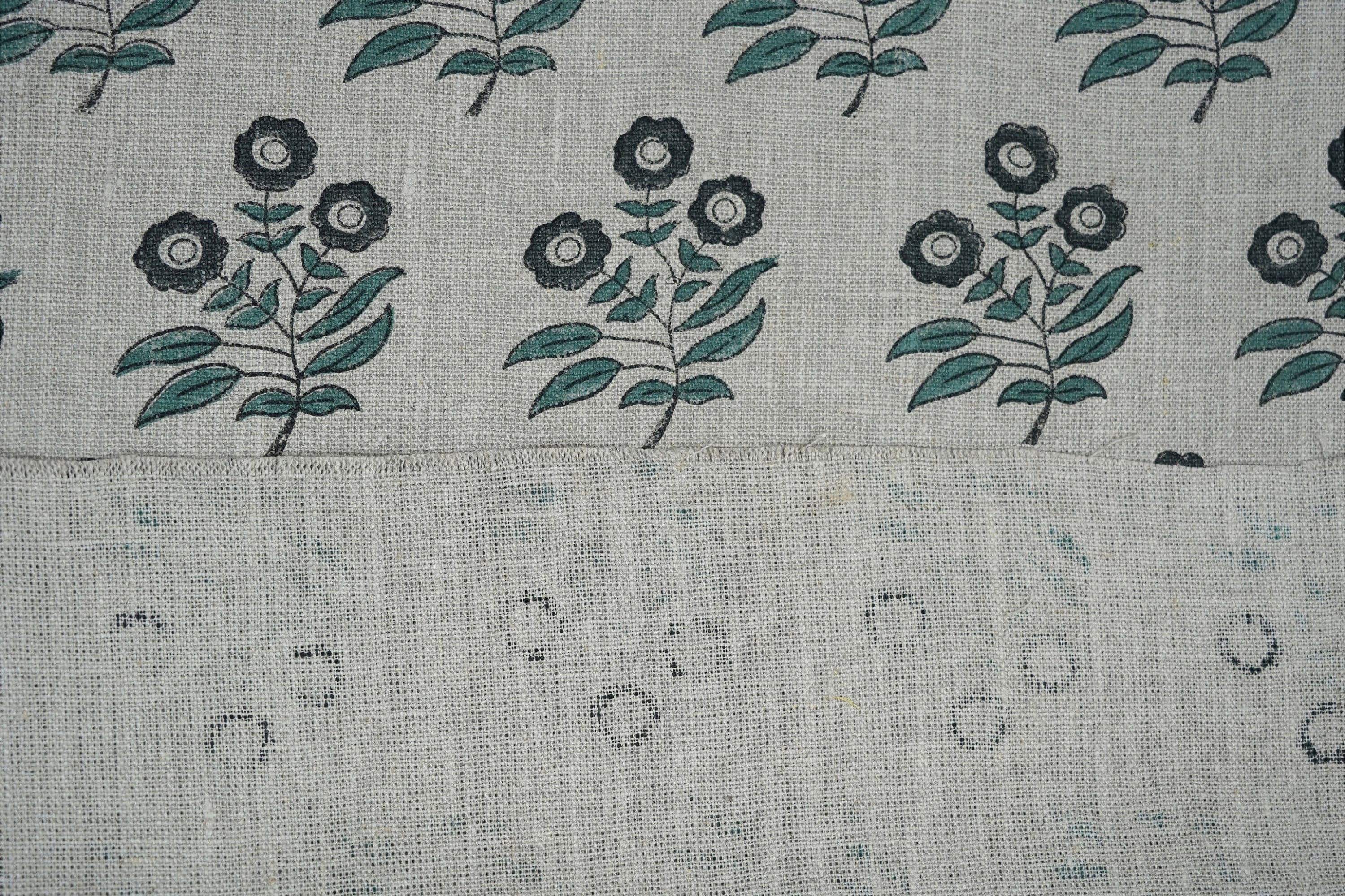 Handblock Floral Printed on Deep Green & Black Thick Linen Fabric Neha Charm