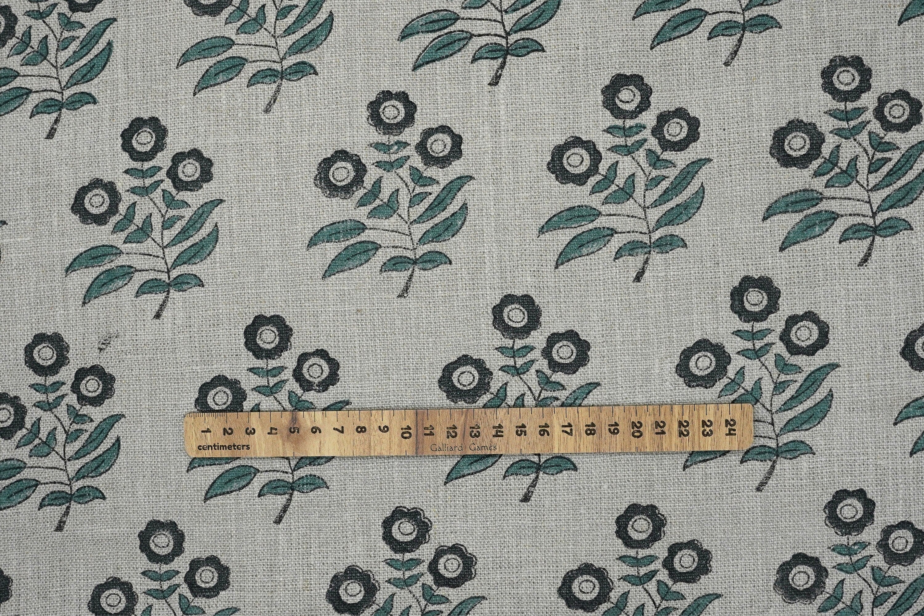 Handblock Floral Printed on Deep Green & Black Thick Linen Fabric Neha Charm