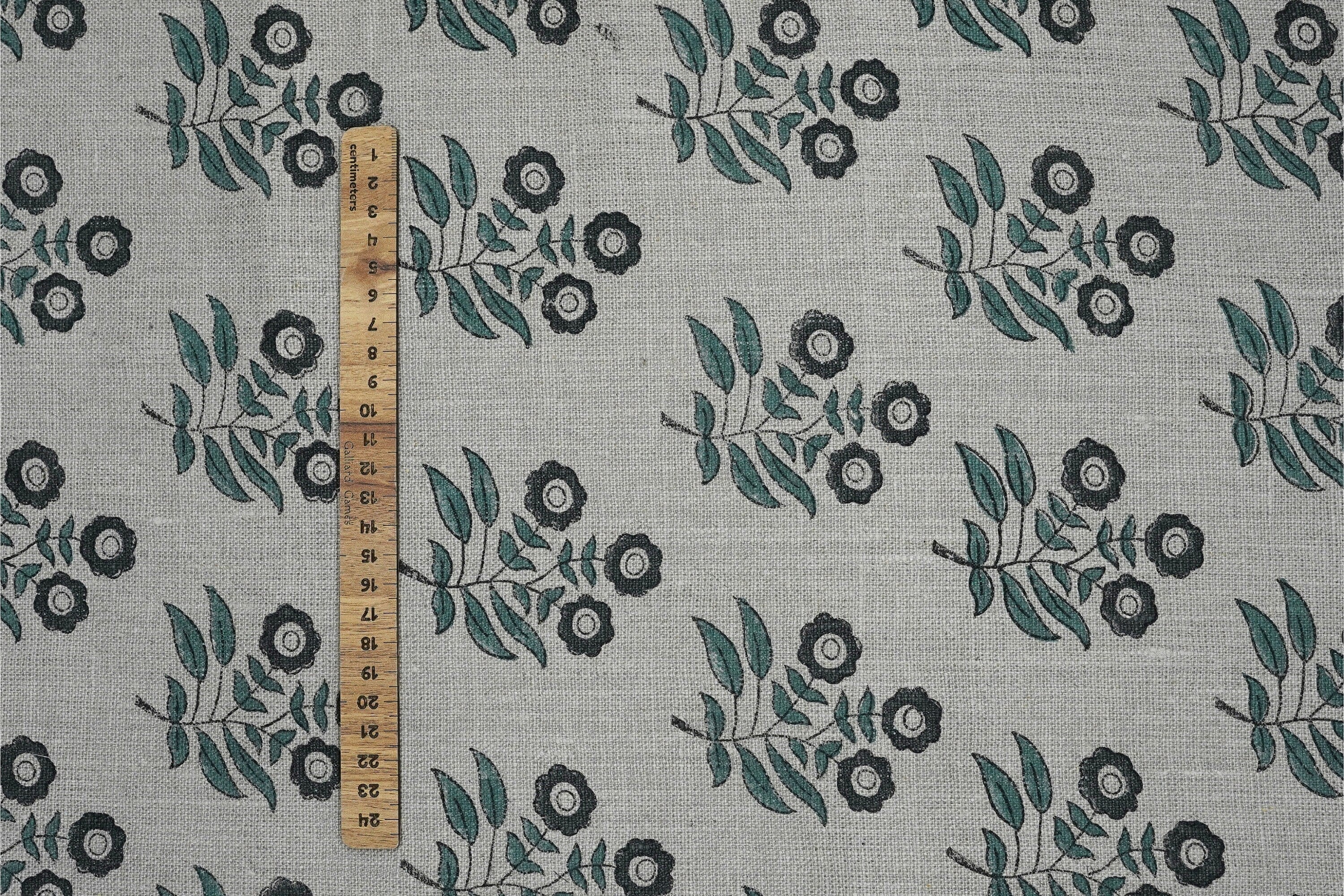 Handblock Floral Printed on Deep Green & Black Thick Linen Fabric Neha Charm