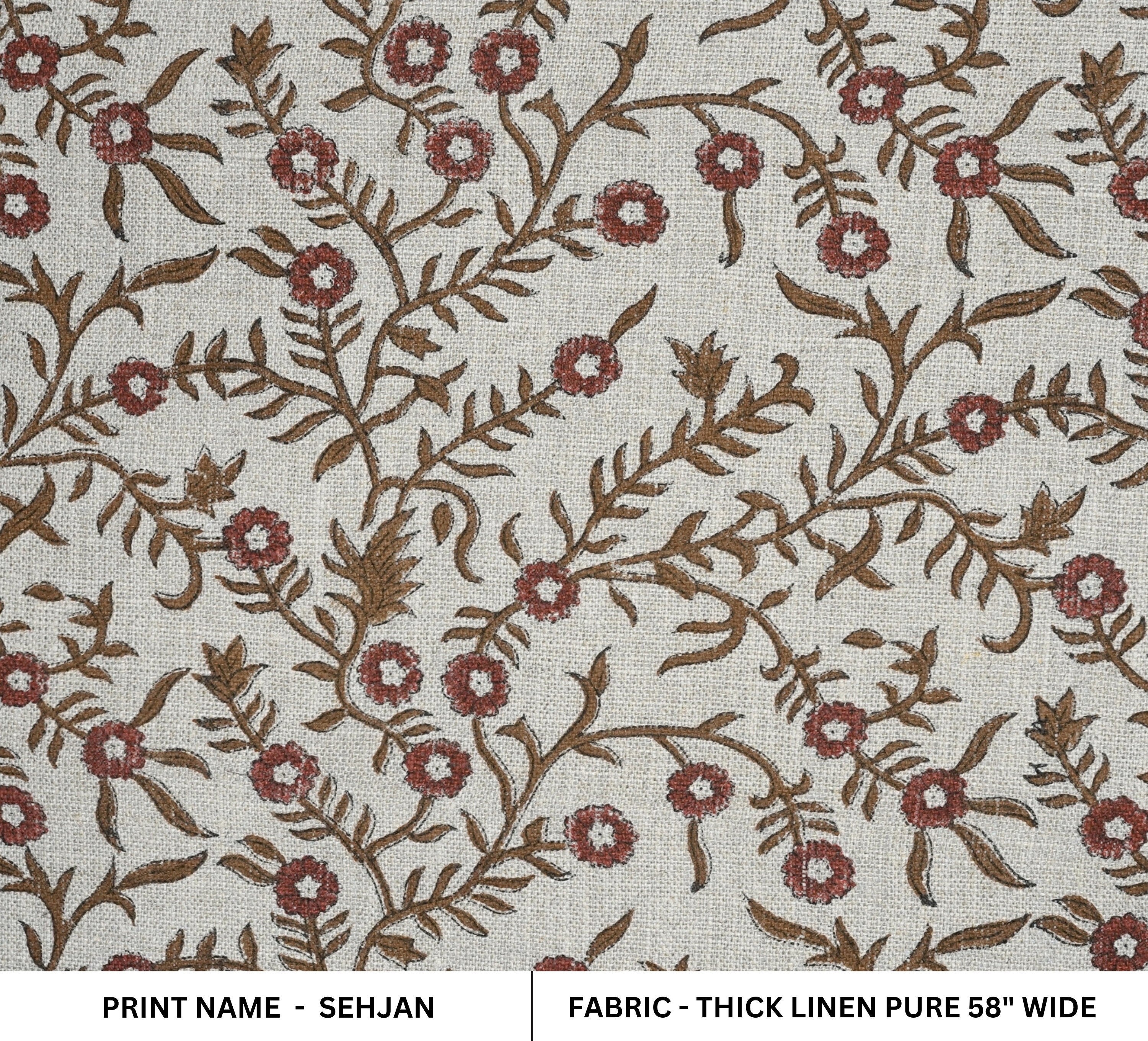 Hand block print, thick linen fabric, floral handmade art, linen natural fabric for pillow cover and sofa cover, upholstery linen - SEHJAN