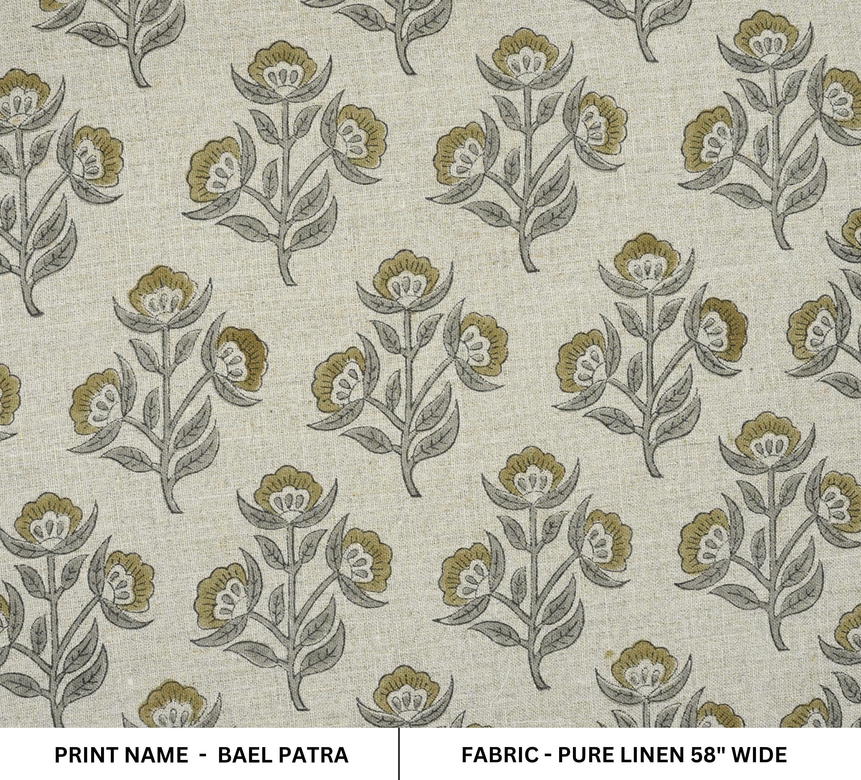 Pure linen hand printed linen fabric for women clothing, floral hand block print, linen lampshade and tablecloth, pillow fabric - BAELPATRA