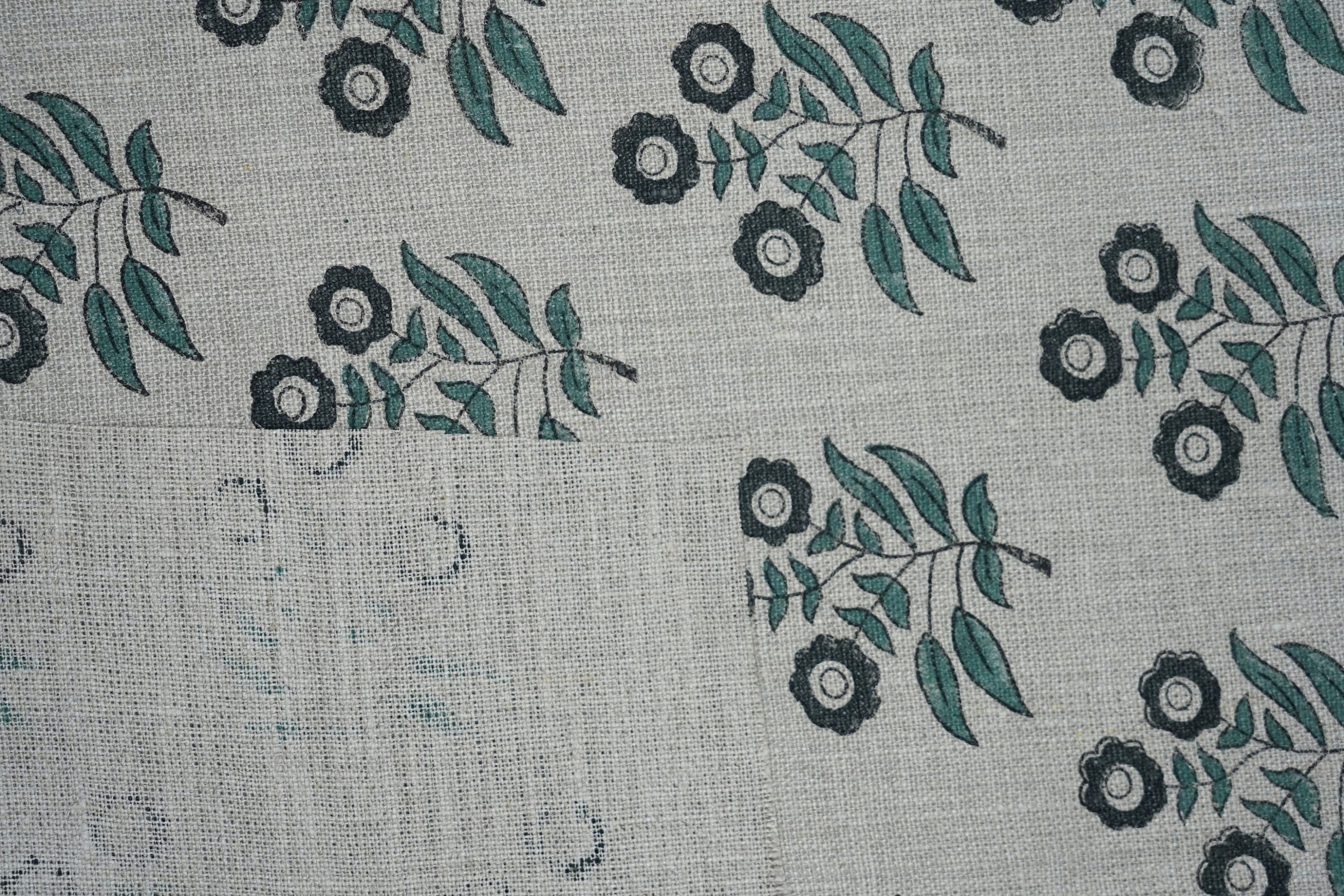 Handblock Floral Printed on Deep Green & Black Thick Linen Fabric Neha Charm