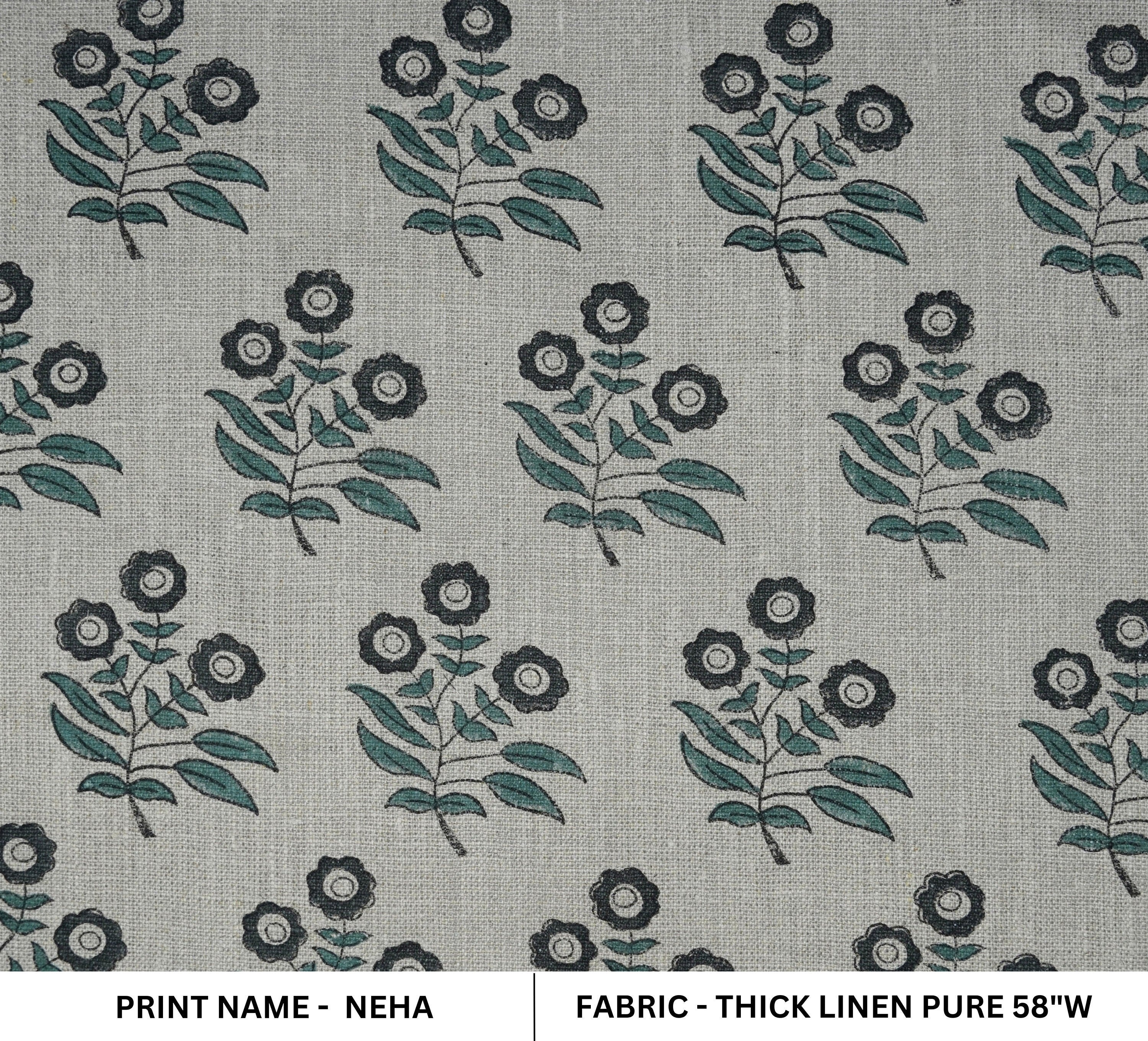 Handblock Floral Printed on Deep Green & Black Thick Linen Fabric Neha Charm