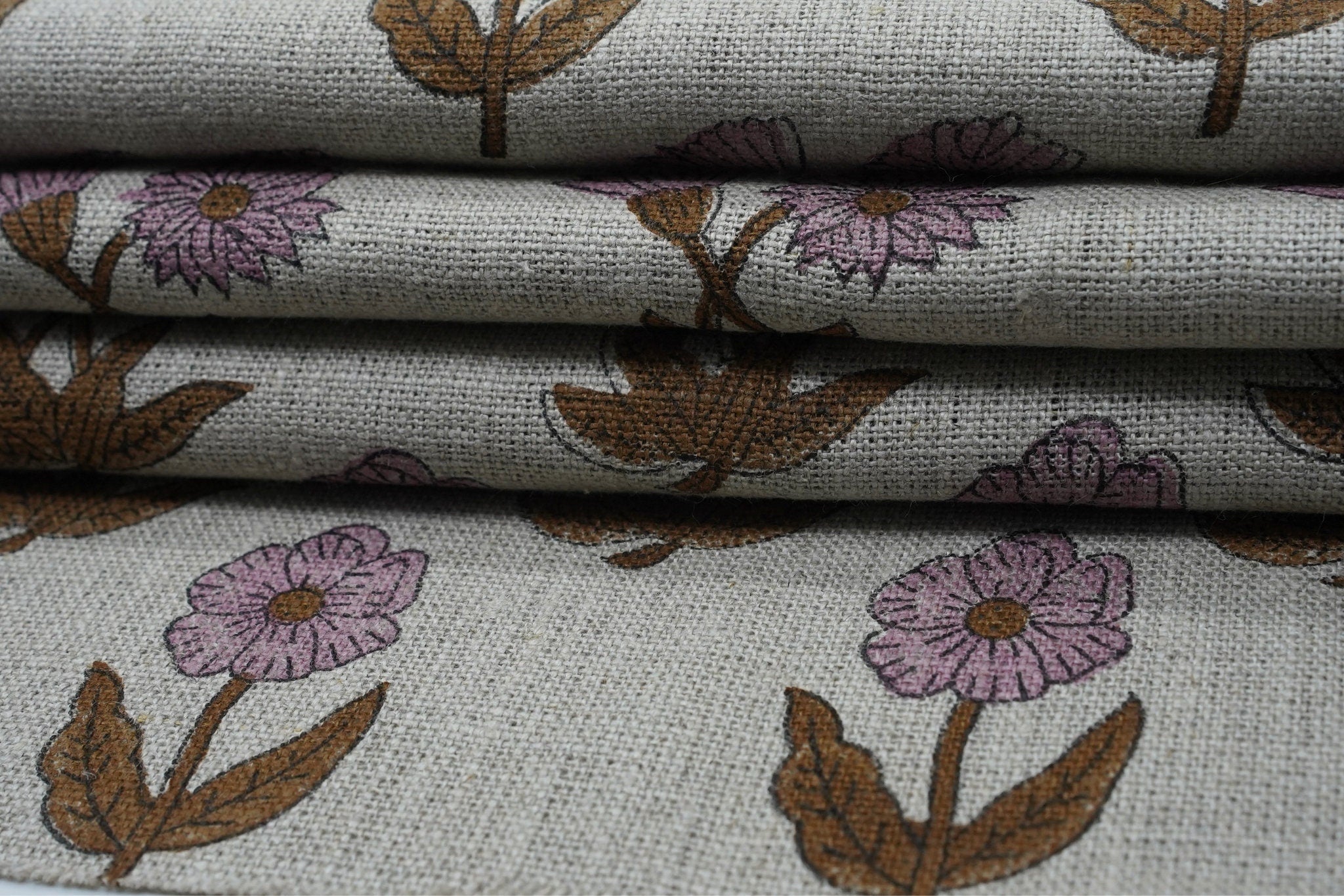 Upholstery linen fabric, thick linen floral block print, decorative linen for cushion and curtain, handmade art, Indian fabric - KIRTI