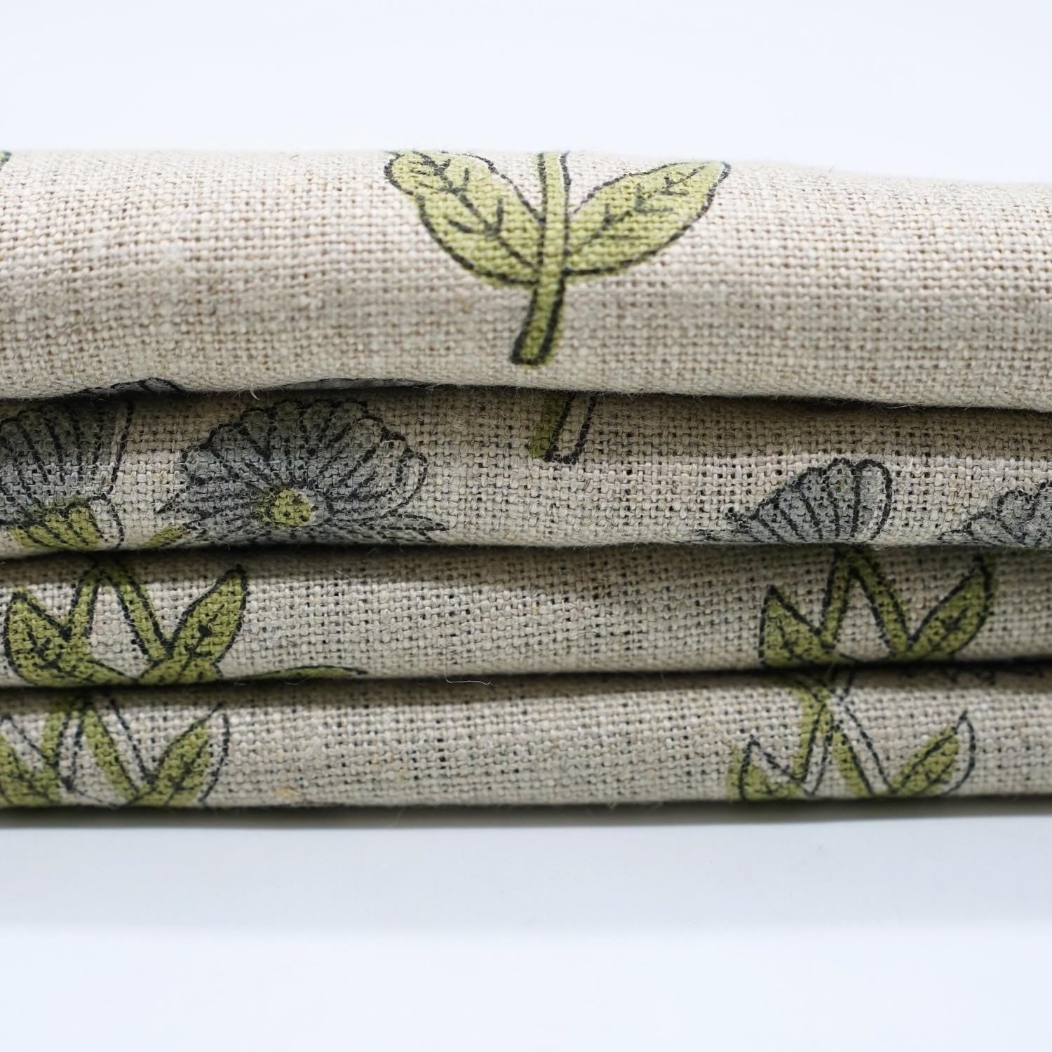 Block Printed Throw Boho Gray Green Floral Handmade Thick Linen Pure Fabirc For Farmhouse - KIRTI