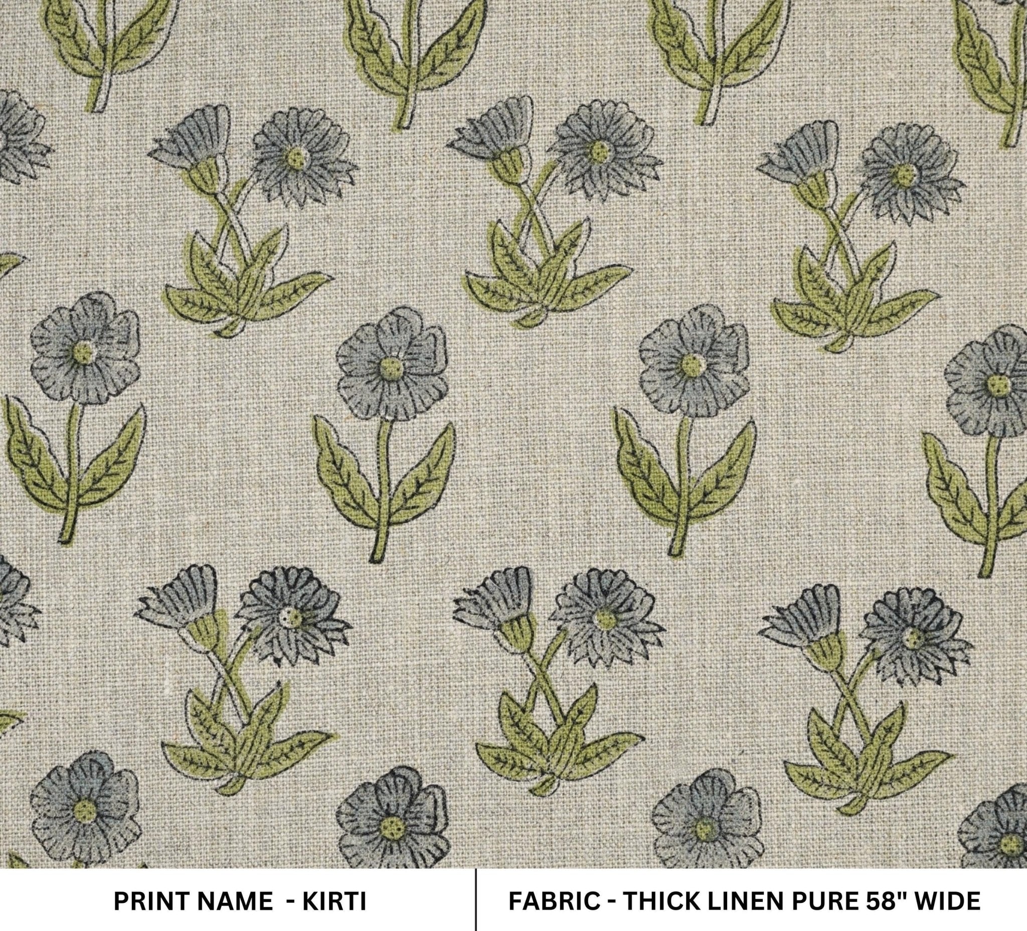 Block Printed Throw Boho Gray Green Floral Handmade Thick Linen Pure Fabirc For Farmhouse - KIRTI