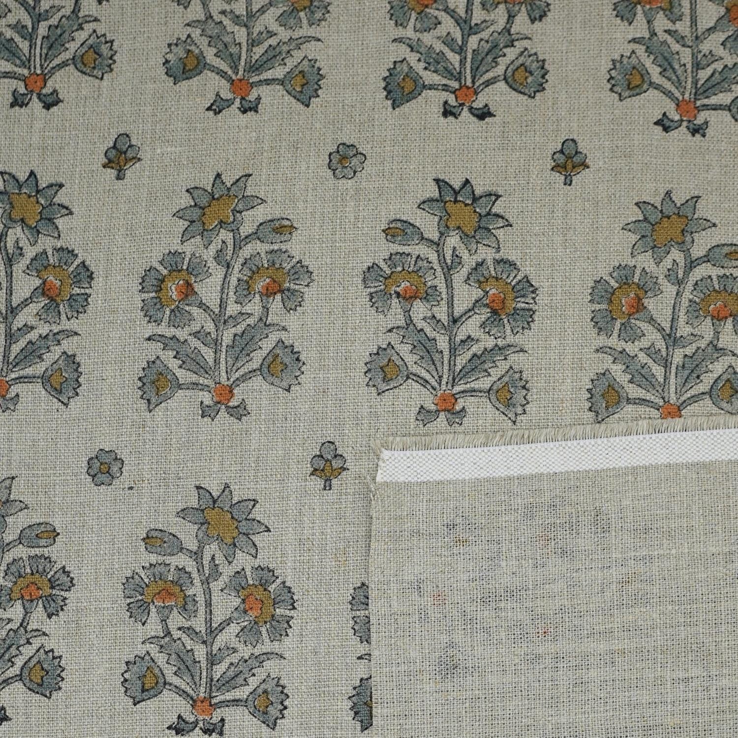 Gray & Green Floral Boho Block Printed Handmade Quilted Thick Pure Linen Throw Fabric - SADABAHAR