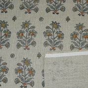 Gray & Green Floral Boho Block Printed Handmade Quilted Thick Pure Linen Throw Fabric - SADABAHAR