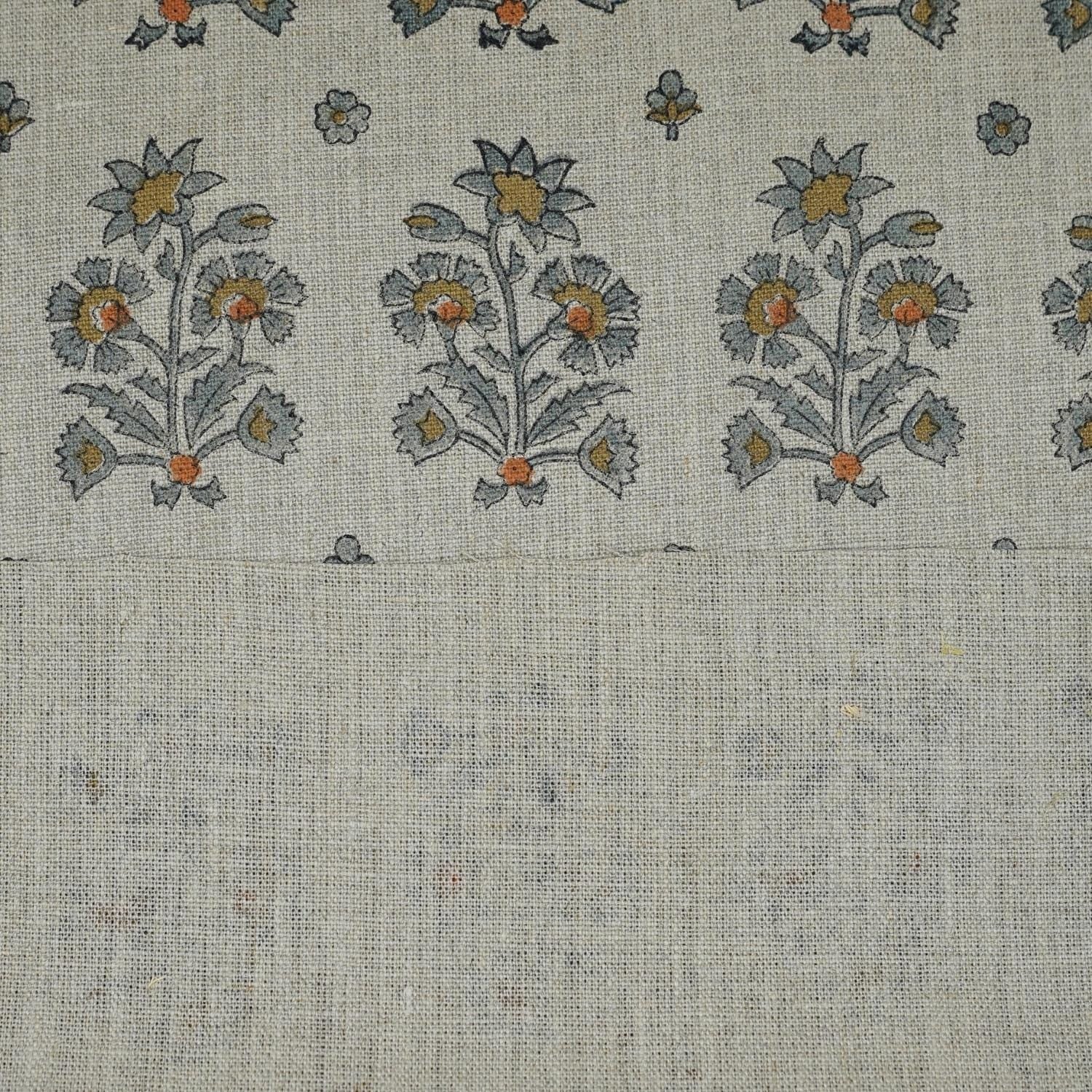 Gray & Green Floral Boho Block Printed Handmade Quilted Thick Pure Linen Throw Fabric - SADABAHAR