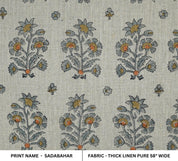 Gray & Green Floral Boho Block Printed Handmade Quilted Thick Pure Linen Throw Fabric - SADABAHAR
