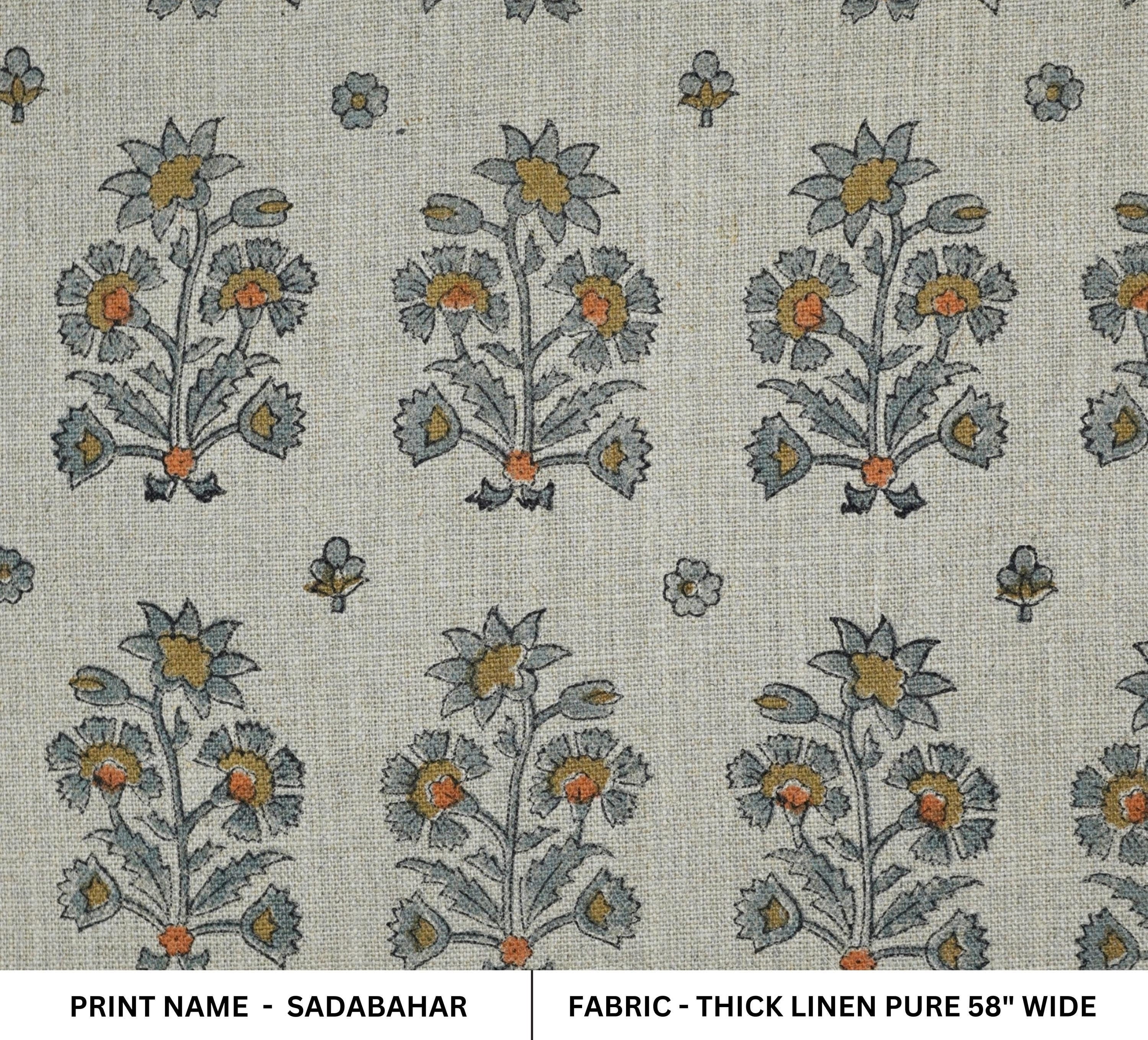 Gray & Green Floral Boho Block Printed Handmade Quilted Thick Pure Linen Throw Fabric - SADABAHAR