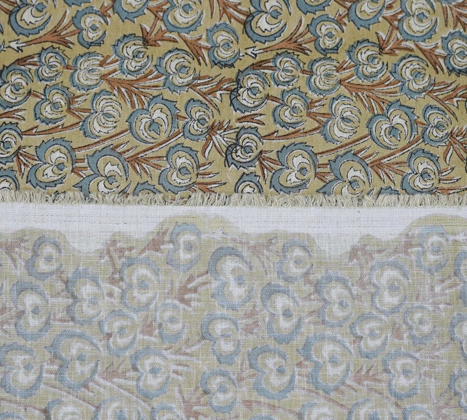 HEART VINE HAND BLOCK PRINTED FABRIC – LINEN BLEND WITH GRAY & BROWN FLORAL DESIGN