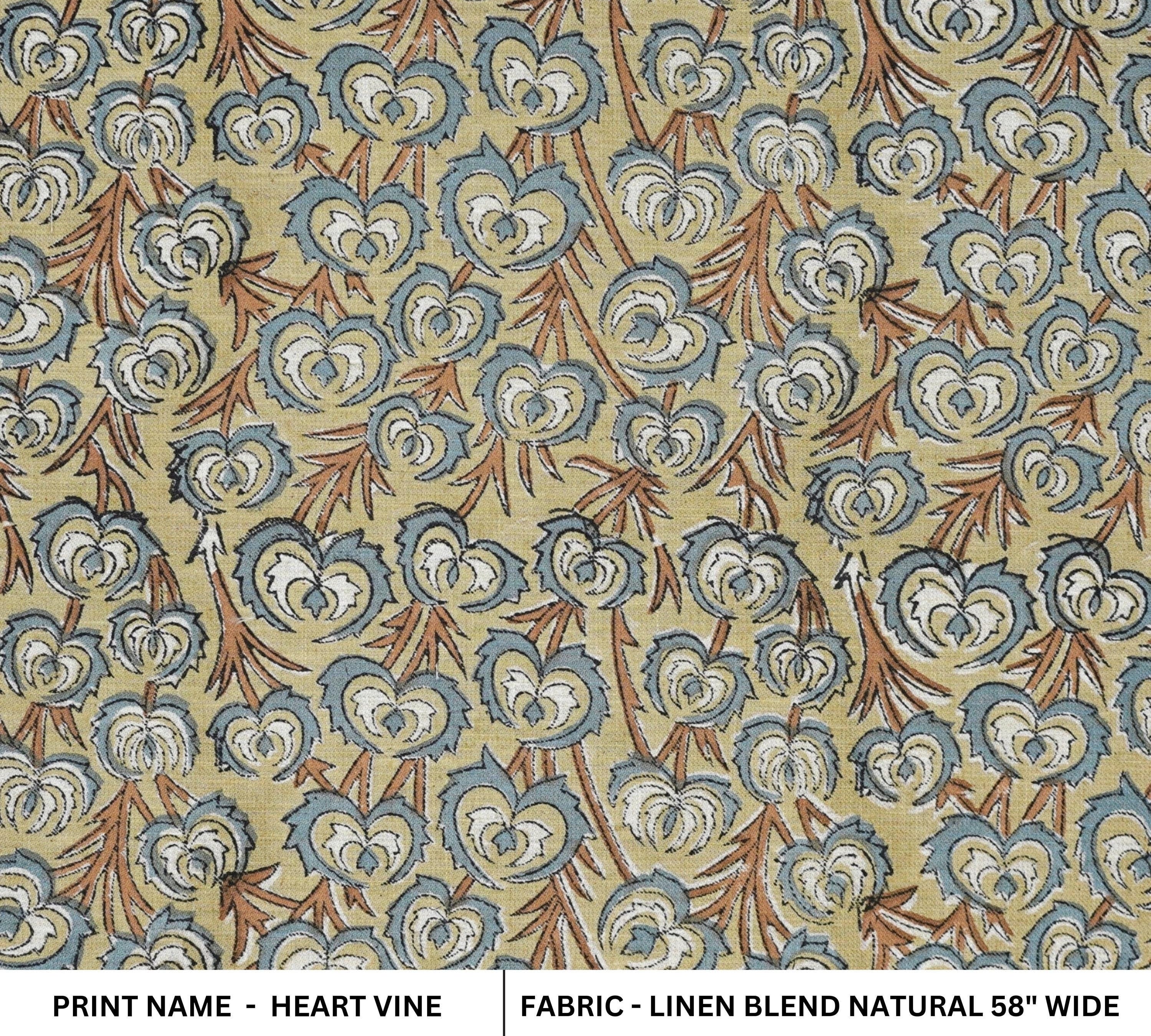 HEART VINE HAND BLOCK PRINTED FABRIC – LINEN BLEND WITH GRAY & BROWN FLORAL DESIGN