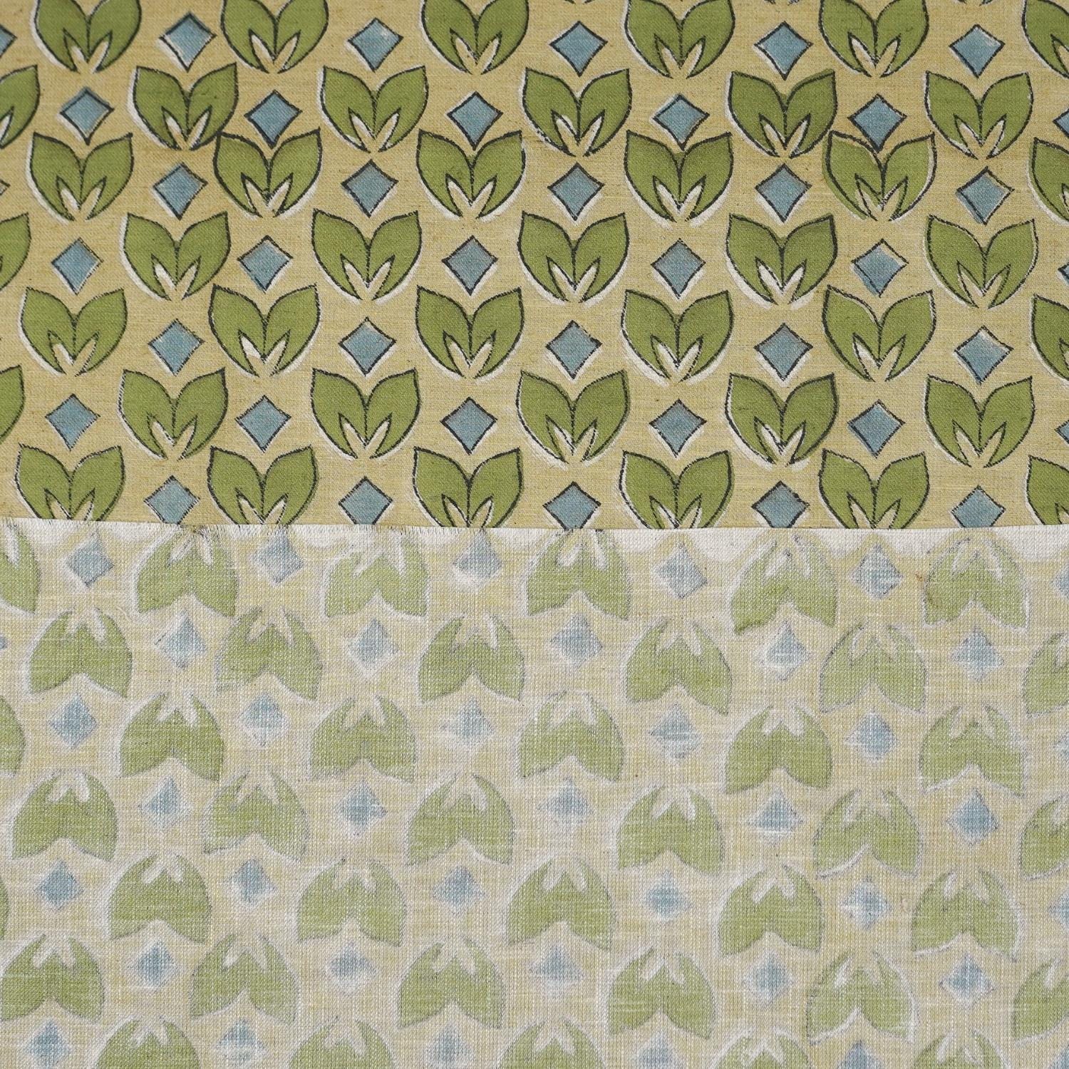 LINEN BLEND HAND BLOCK PRINTED FABRIC – TITLEE GREEN FLORAL IN GRAY & GREEN FOR FARMHOUSE DECOR