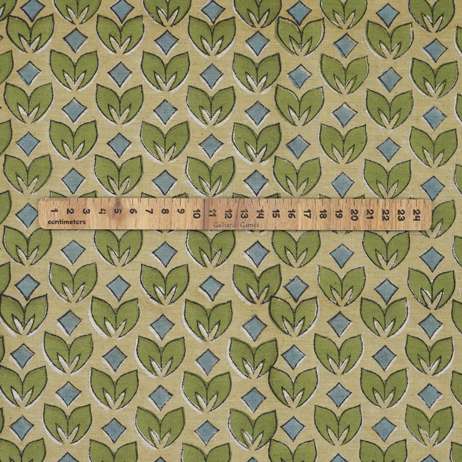 LINEN BLEND HAND BLOCK PRINTED FABRIC – TITLEE GREEN FLORAL IN GRAY & GREEN FOR FARMHOUSE DECOR