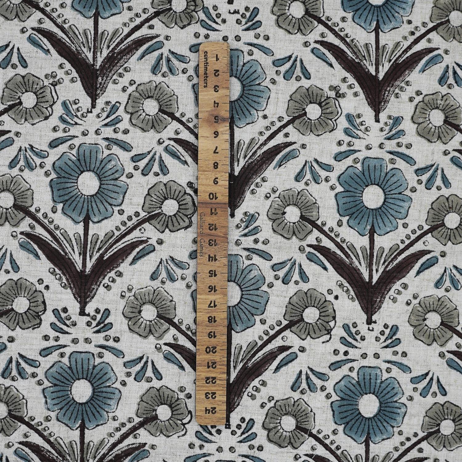 Handblock Printed Gray and Blue Floral Viscose Linen Fabric - Vanshika