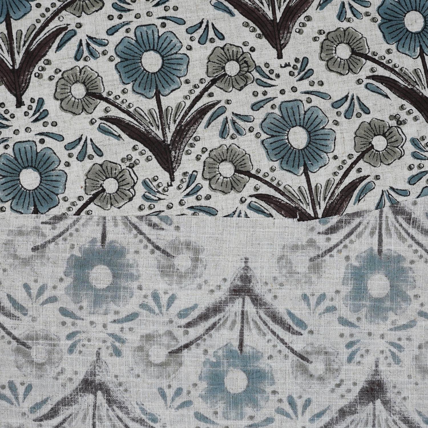 Handblock Printed Gray and Blue Floral Viscose Linen Fabric - Vanshika