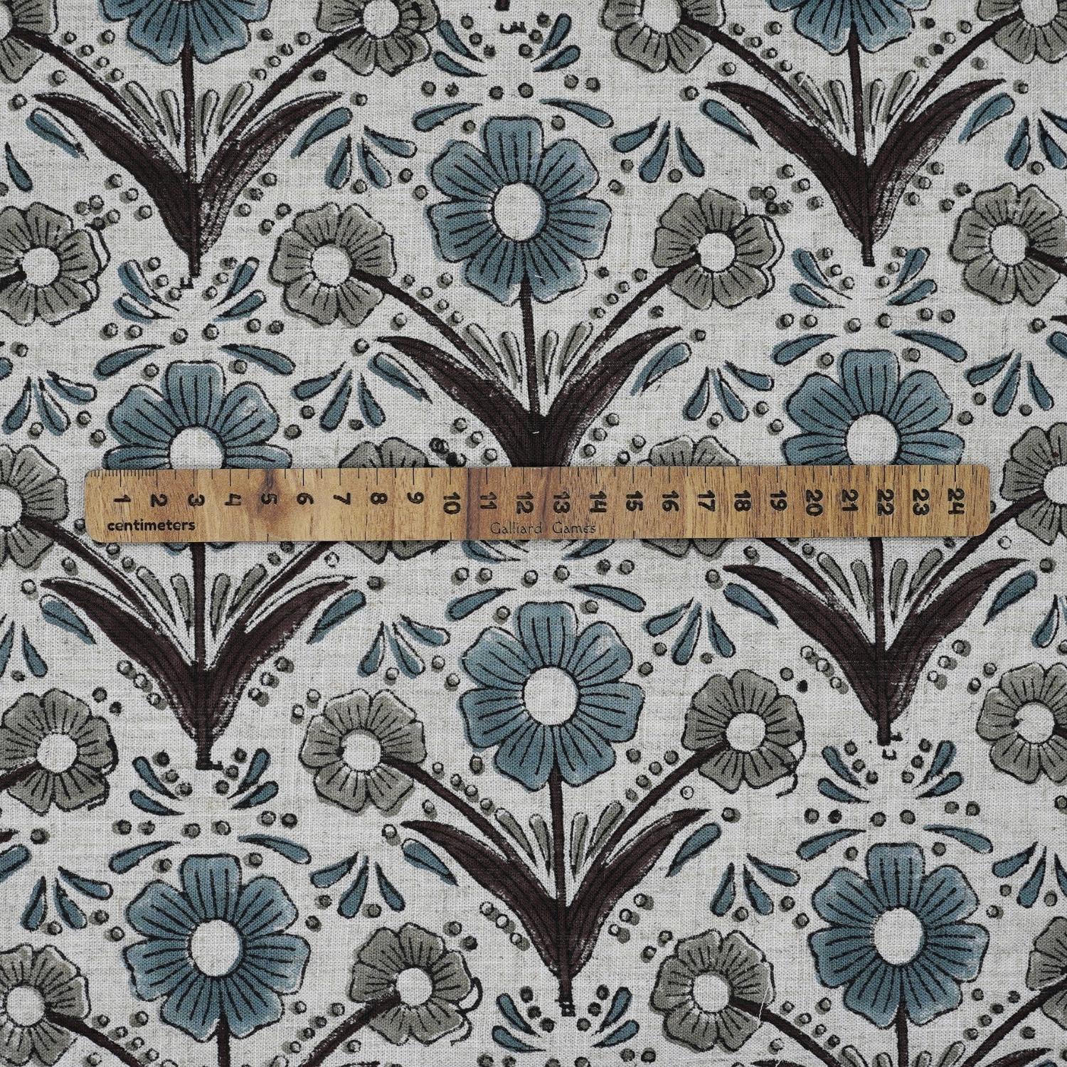 Handblock Printed Gray and Blue Floral Viscose Linen Fabric - Vanshika