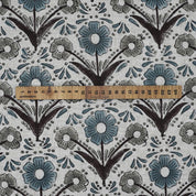 Handblock Printed Gray and Blue Floral Viscose Linen Fabric - Vanshika