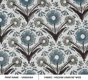 Handblock Printed Gray and Blue Floral Viscose Linen Fabric - Vanshika