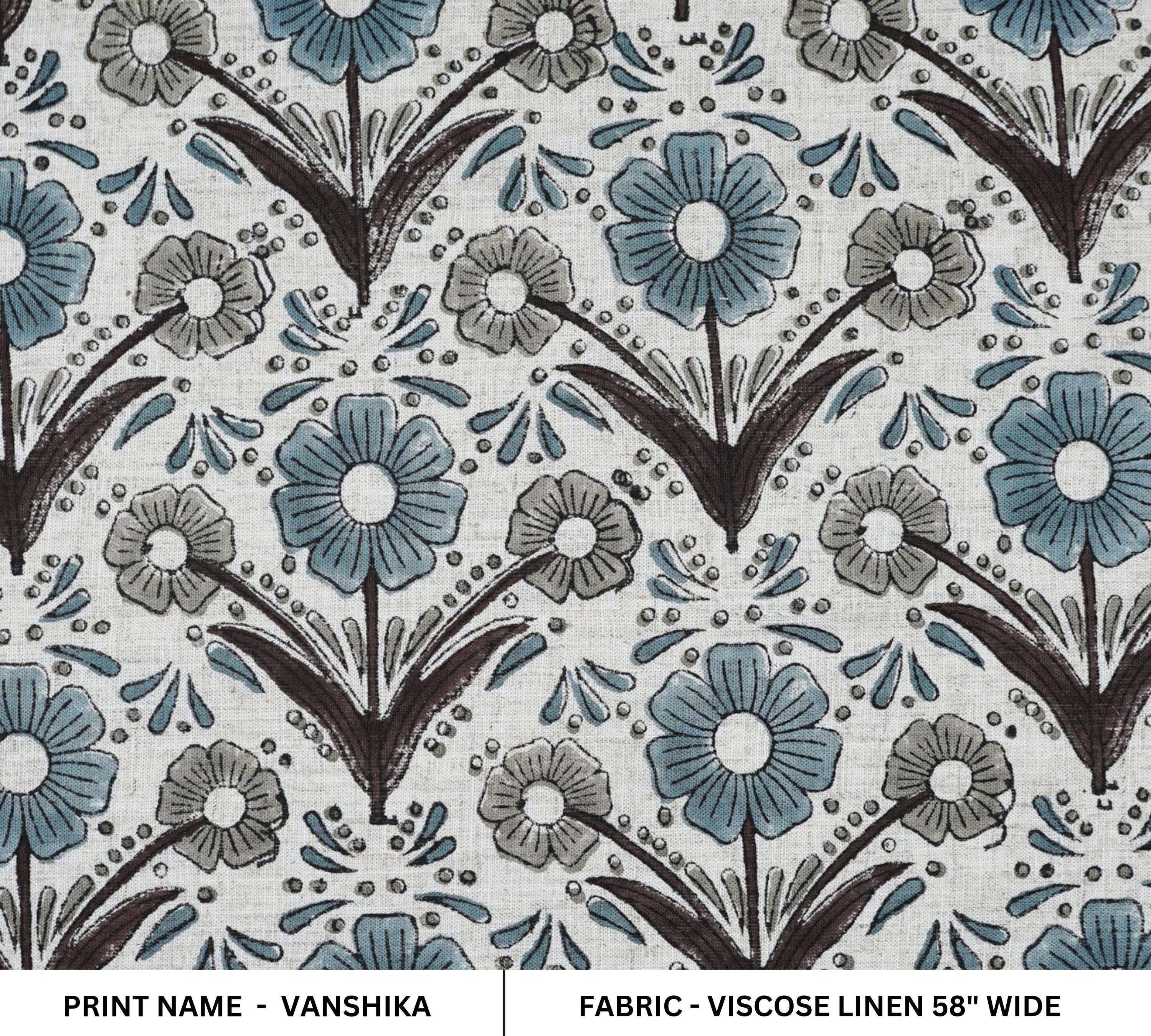 Handblock Printed Gray and Blue Floral Viscose Linen Fabric - Vanshika