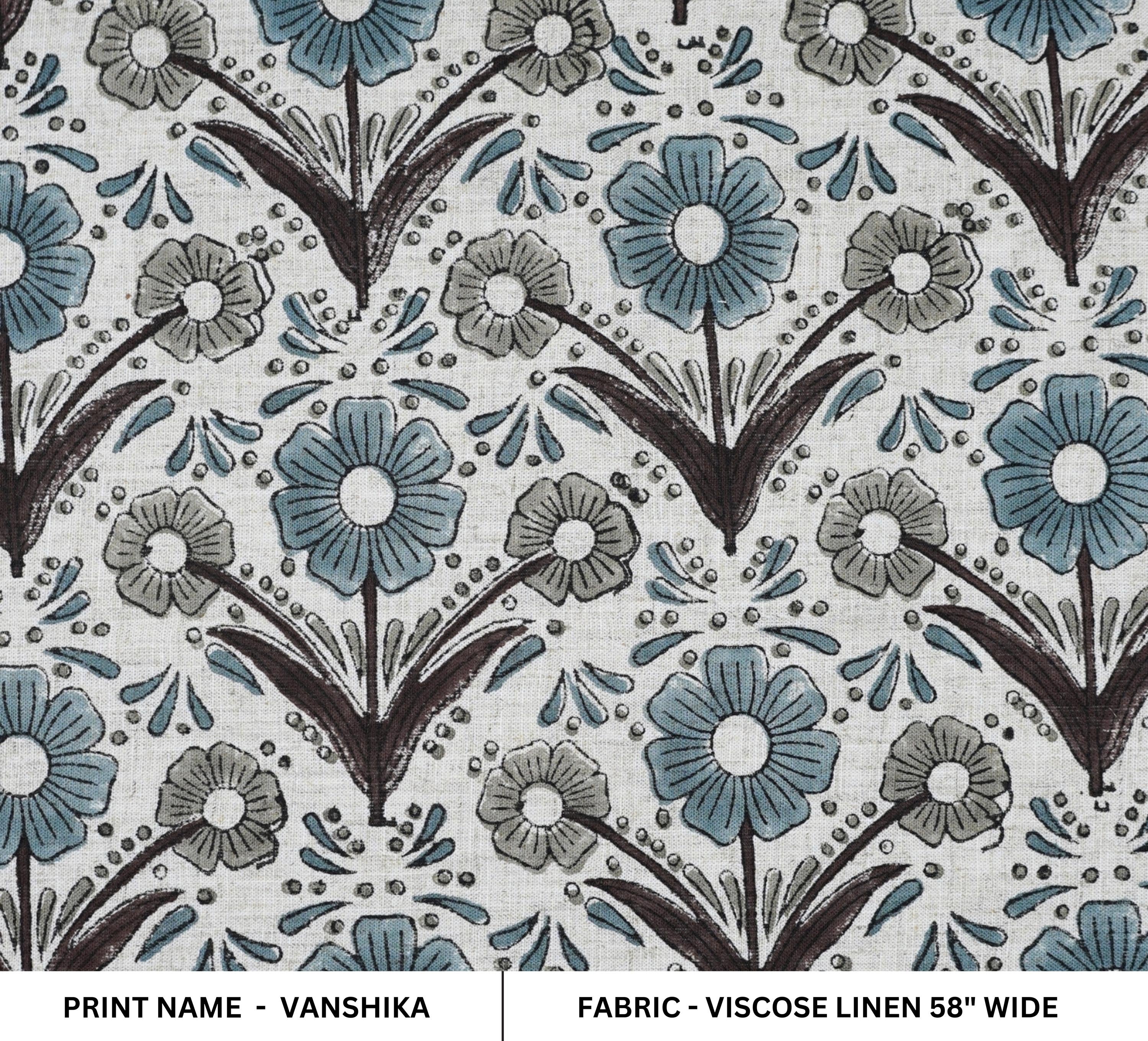 Handblock Printed Gray and Blue Floral Viscose Linen Fabric - Vanshika