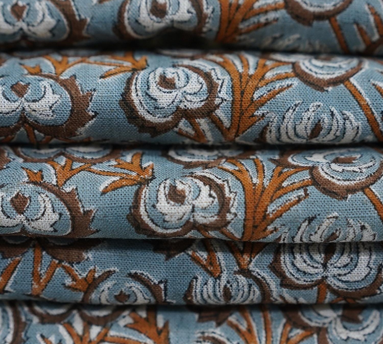 HAND BLOCK PRINTED FABRIC GRAY AND BROWN HEART VINE – FLORAL VISCOSE LINEN FOR ELEGANT LIVING ROOM