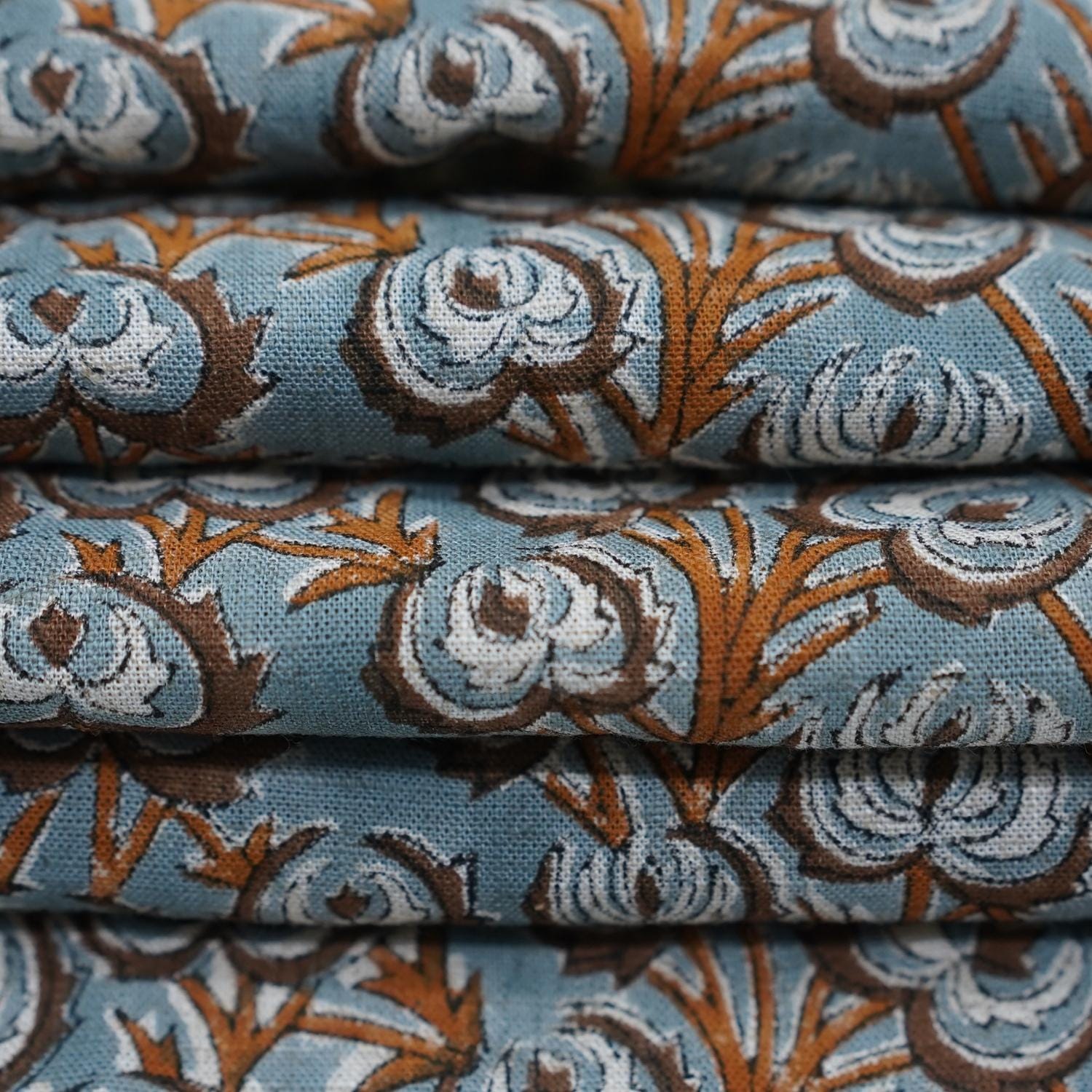HAND BLOCK PRINTED FABRIC GRAY AND BROWN HEART VINE – FLORAL VISCOSE LINEN FOR ELEGANT LIVING ROOM