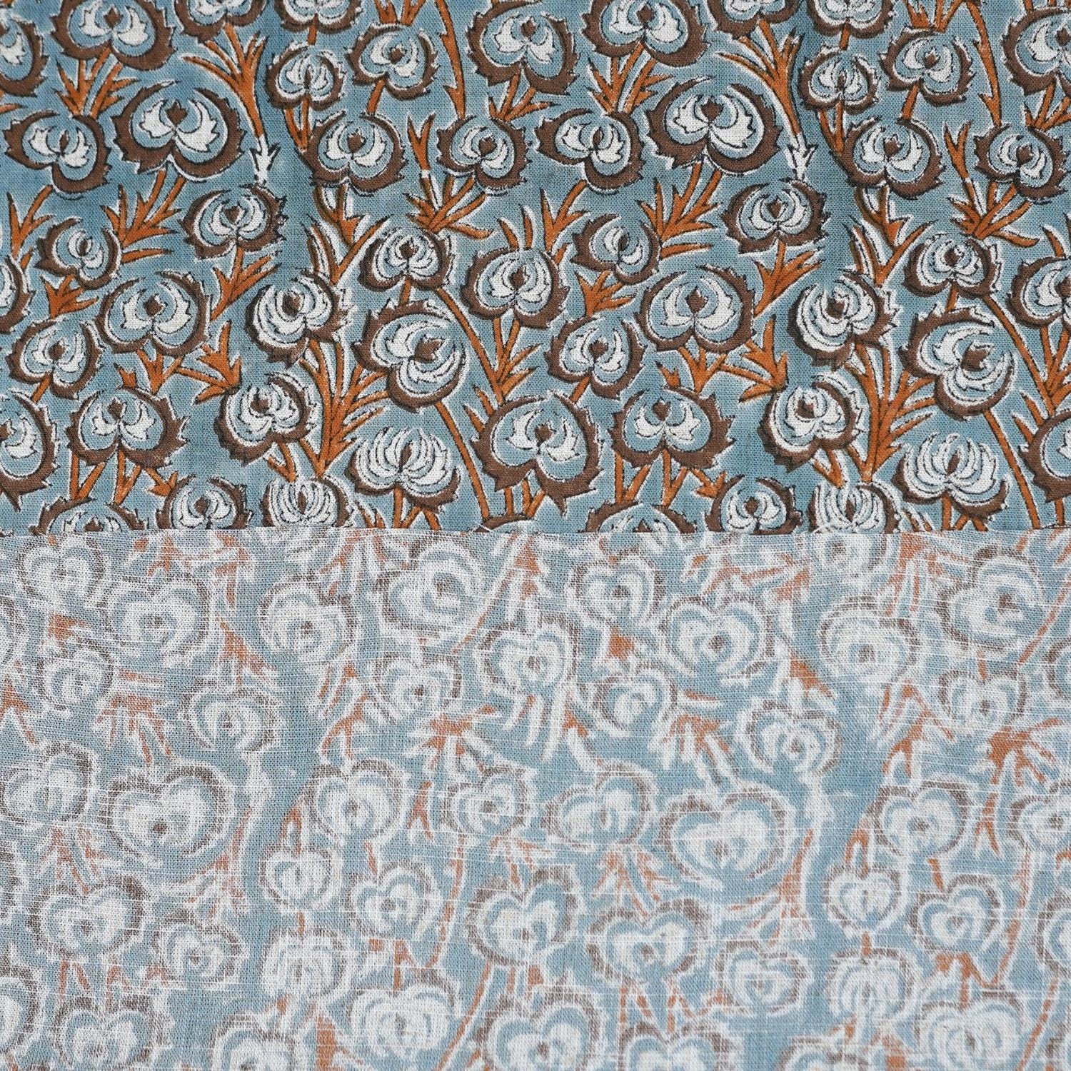 HAND BLOCK PRINTED FABRIC GRAY AND BROWN HEART VINE – FLORAL VISCOSE LINEN FOR ELEGANT LIVING ROOM