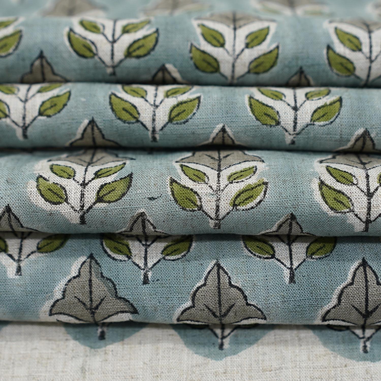 HANDMADE BLOCK PRINTED FLORAL GRAY & GREEN NATURAL VISCOSE LINEN FABRIC - MAYUR