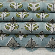 HANDMADE BLOCK PRINTED FLORAL GRAY & GREEN NATURAL VISCOSE LINEN FABRIC - MAYUR